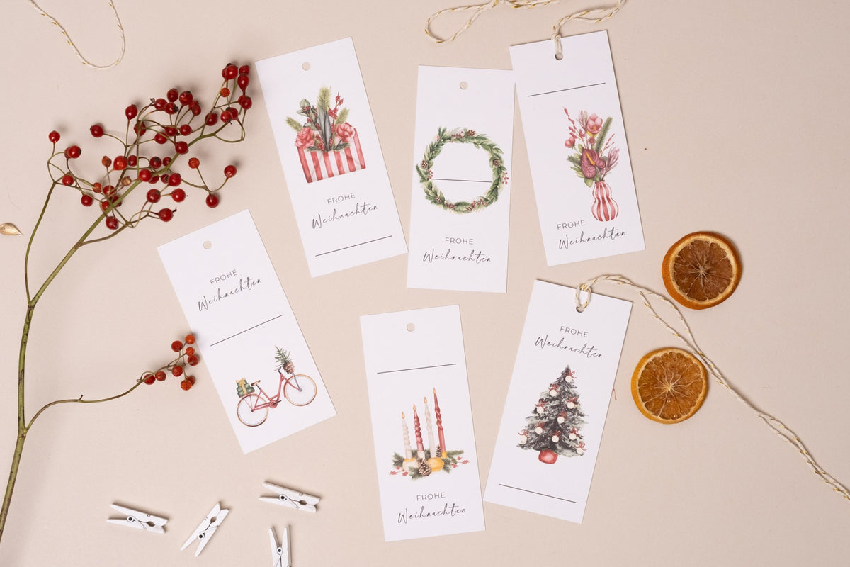 Weihnachts-Geschenkanhänger mit Aquarell-Motiven zum Ausdrucken, kostenlos