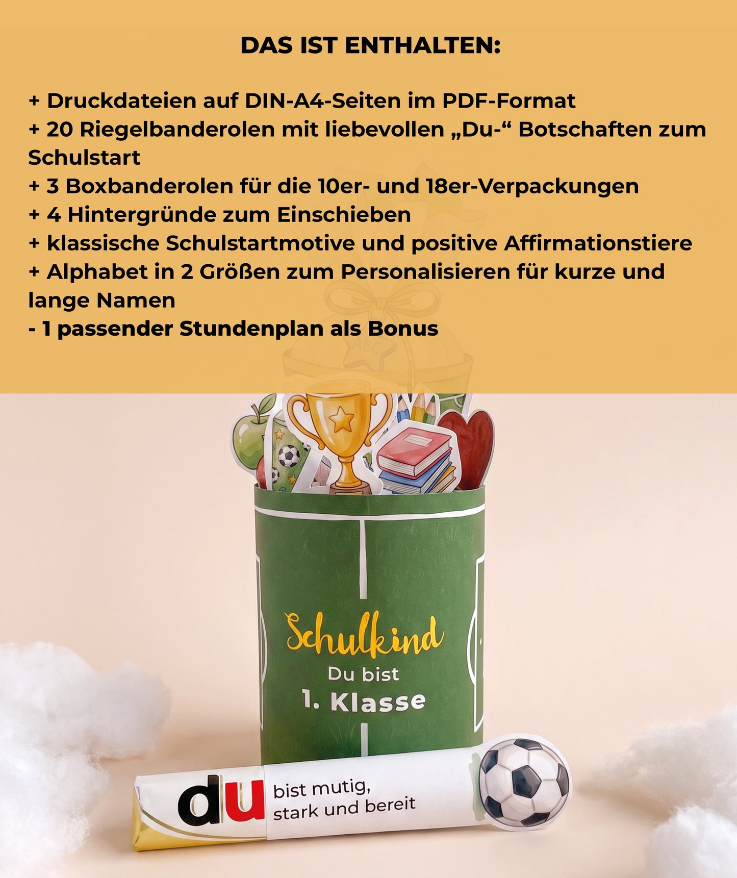 Einschulungsgeschenk für Fußballfans – Banderolen-Set mit Alphabet & Stundenplan