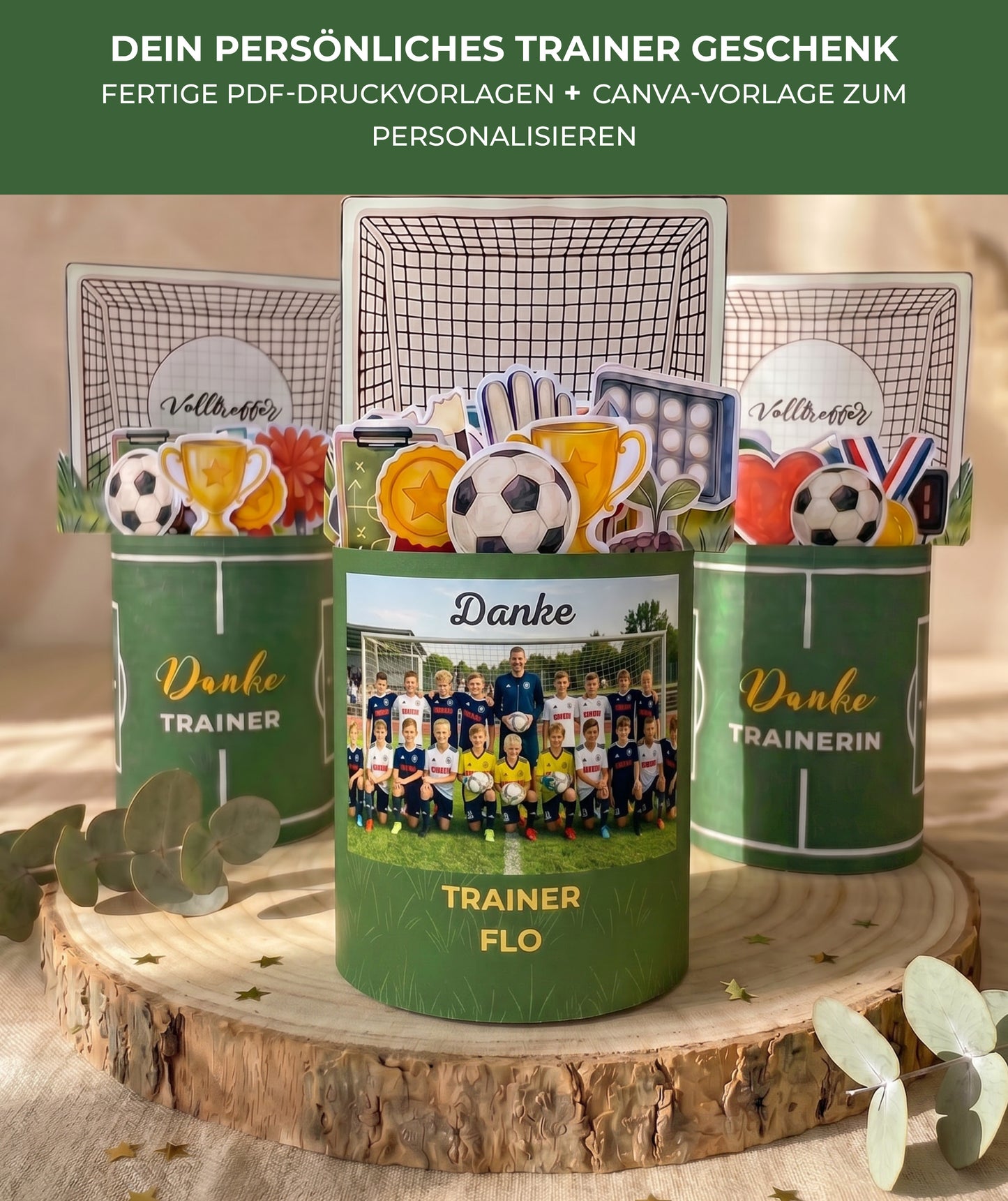 Fußball Trainer*in Geschenkbox zum Ausdrucken | Banderolen & editierbare Canva-Vorlage