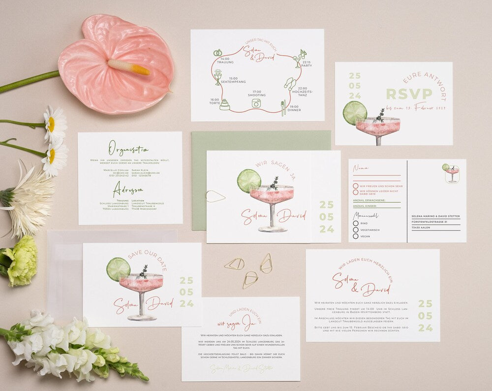 Musterset Hochzeitseinladungen "Cheers to Love Rosé"