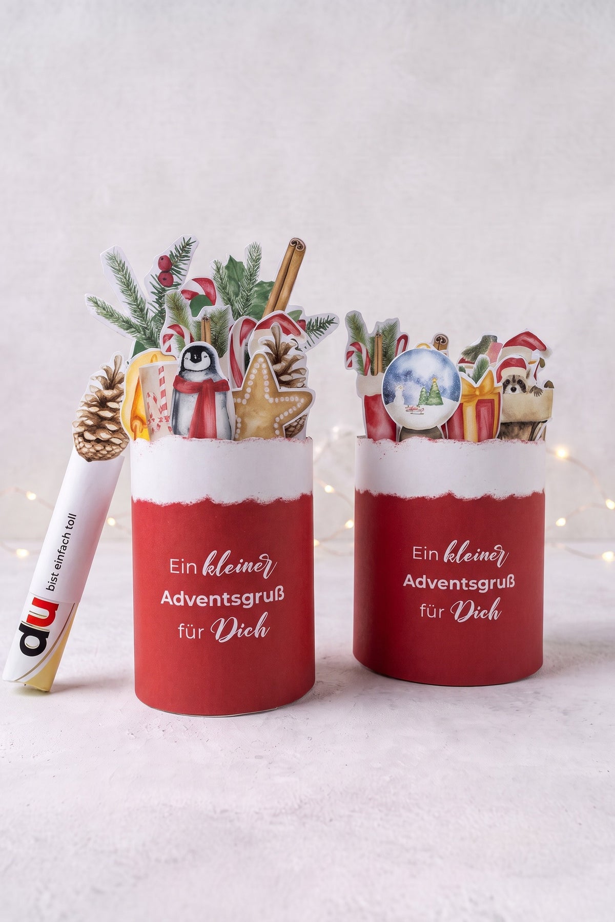 Adventsgruß zum Ausdrucken – Duplo-Packung mit Banderole als kleines Adventsgeschenk