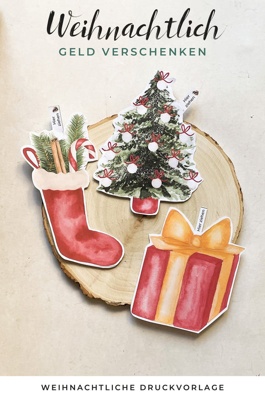 Weihnachtlich Geld verschenken: weihnachtliche Druckvorlage für ein Geldgeschenk zum Aufreißen mit Nikolausstiefel, Tannenbaum und Geschenk