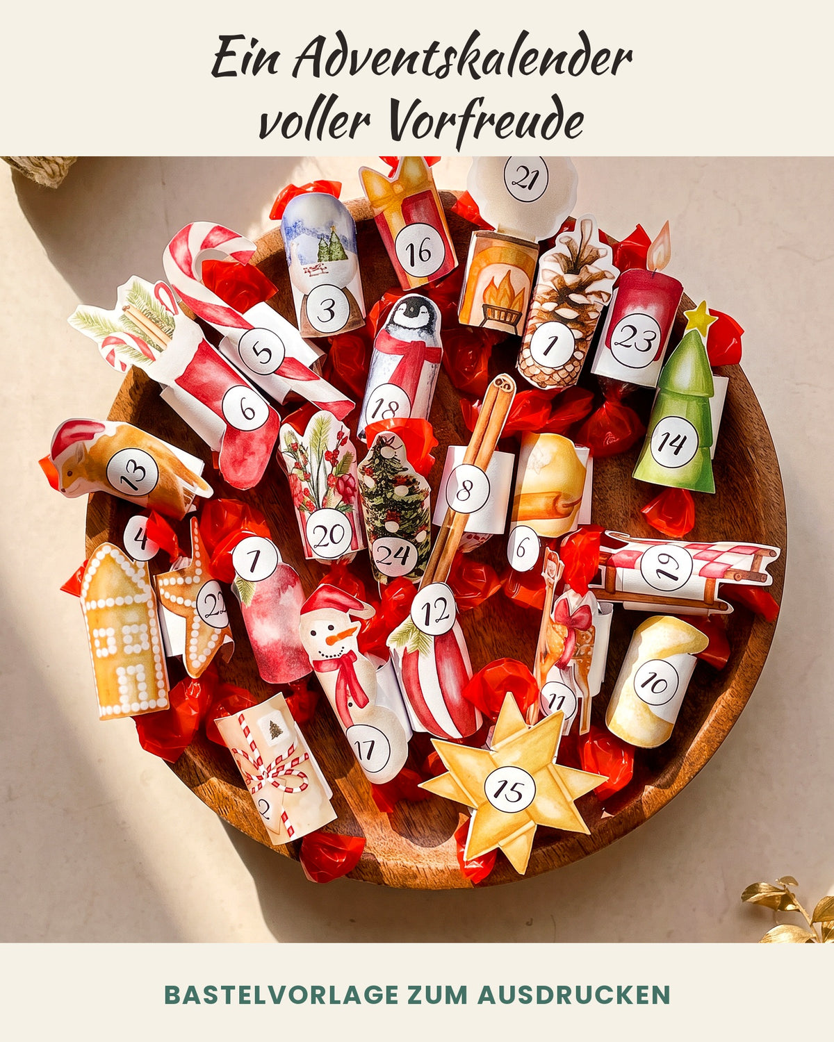 Adventskalender voller Vorfreude: Holzschale mit 24 Schokobons in Aquarell-Banderolen, Bastelvorlage zum Ausdrucken