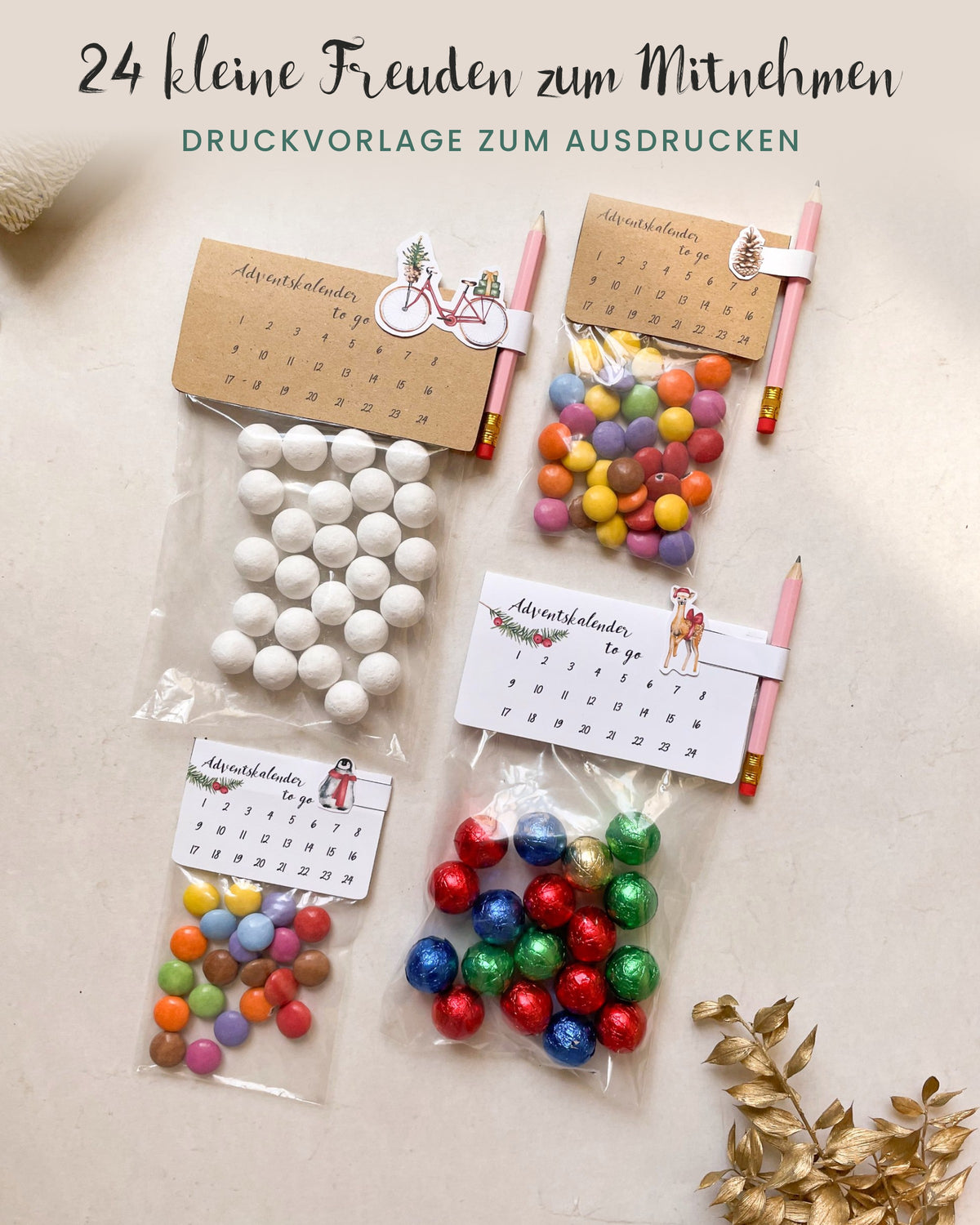 24 kleine Freuden zum Mitnehmen – Druckvorlage mit 4 Motiven: Reh, Fahrrad, Tannenzapfen, Pinguin