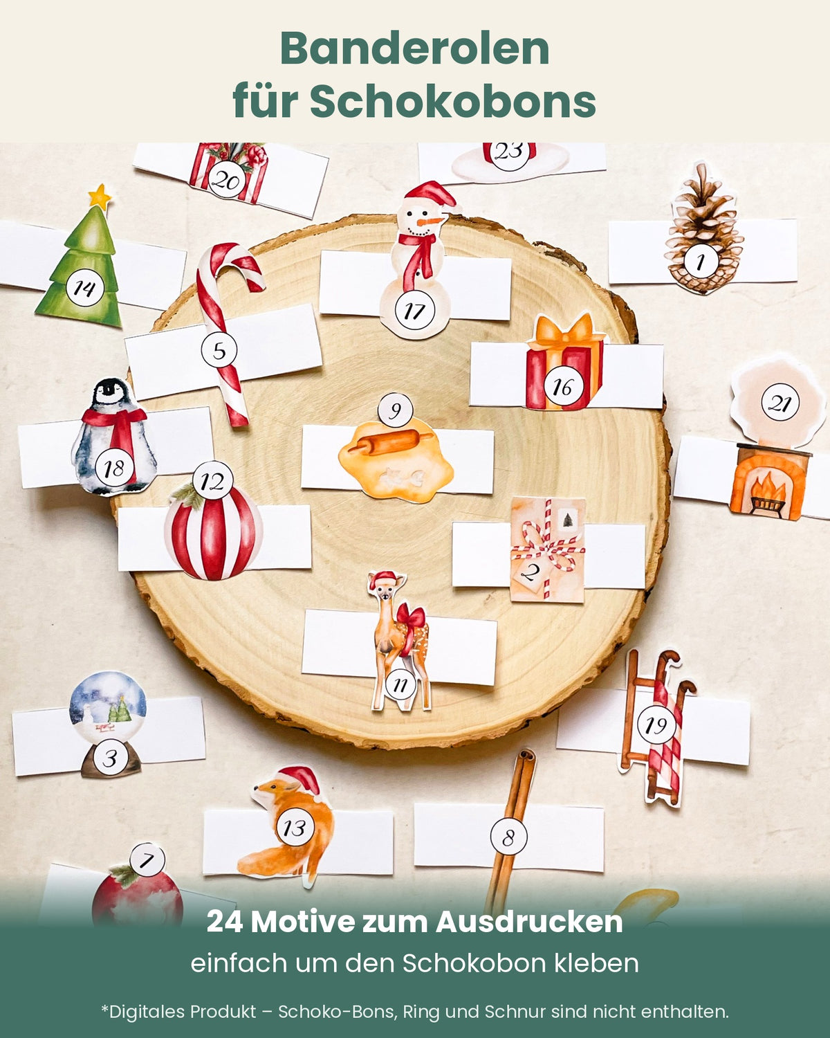 Banderolen für Schokobons: 24 Aquarell-Motive zum Ausdrucken, einfach um den Schokobon kleben