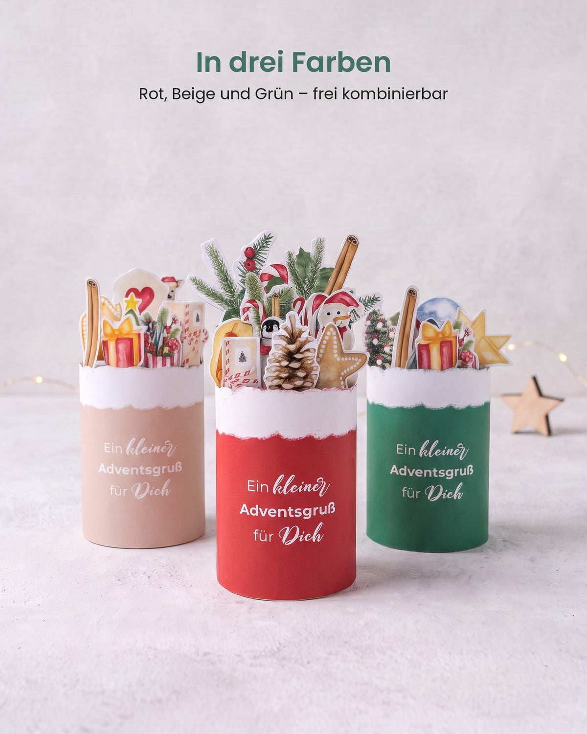 Adventsgruß-Banderolen in Rot, Beige und Grün