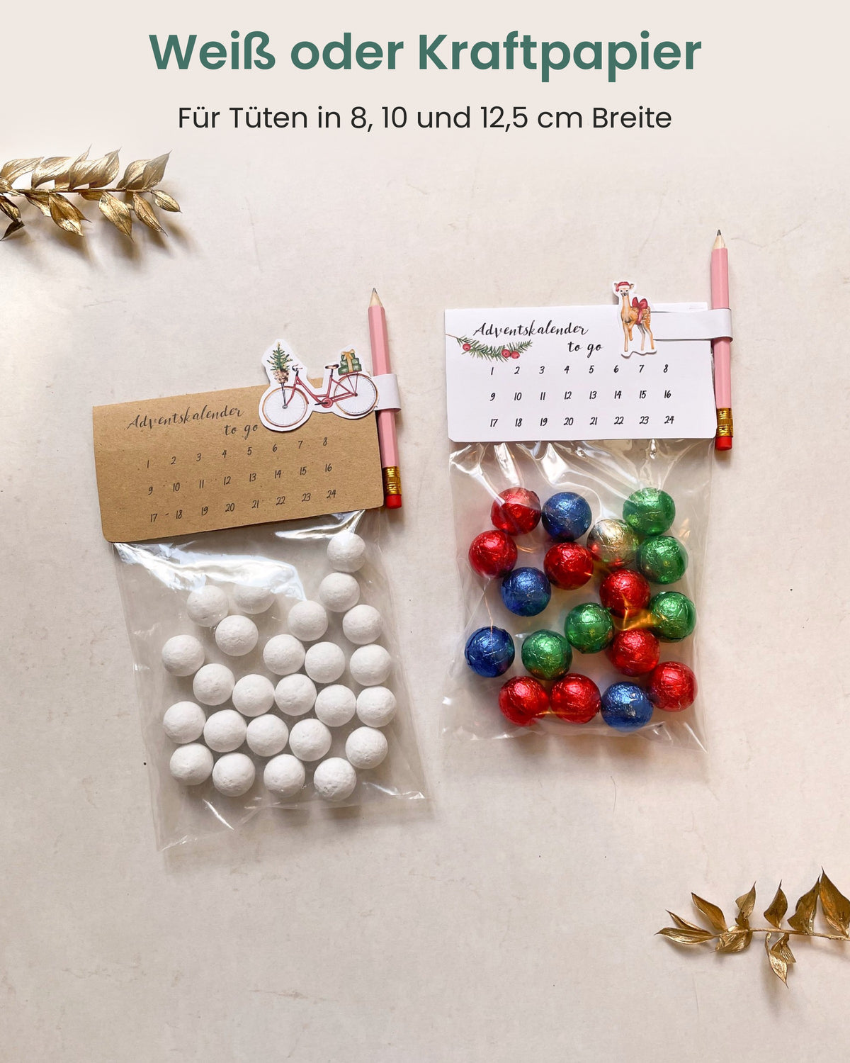 Tütentopper auf weißem Karton oder Kraftpapier, für Tüten in 8, 10 und 12,5 cm Breite