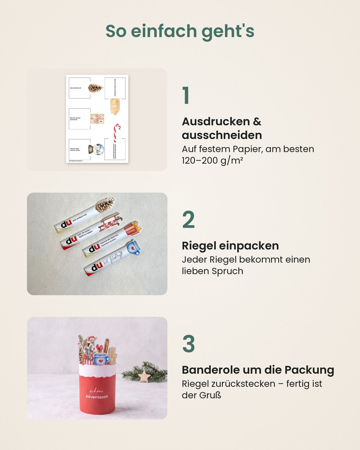 So einfach geht's: ausdrucken, Riegel einpacken, Banderole um die Packung