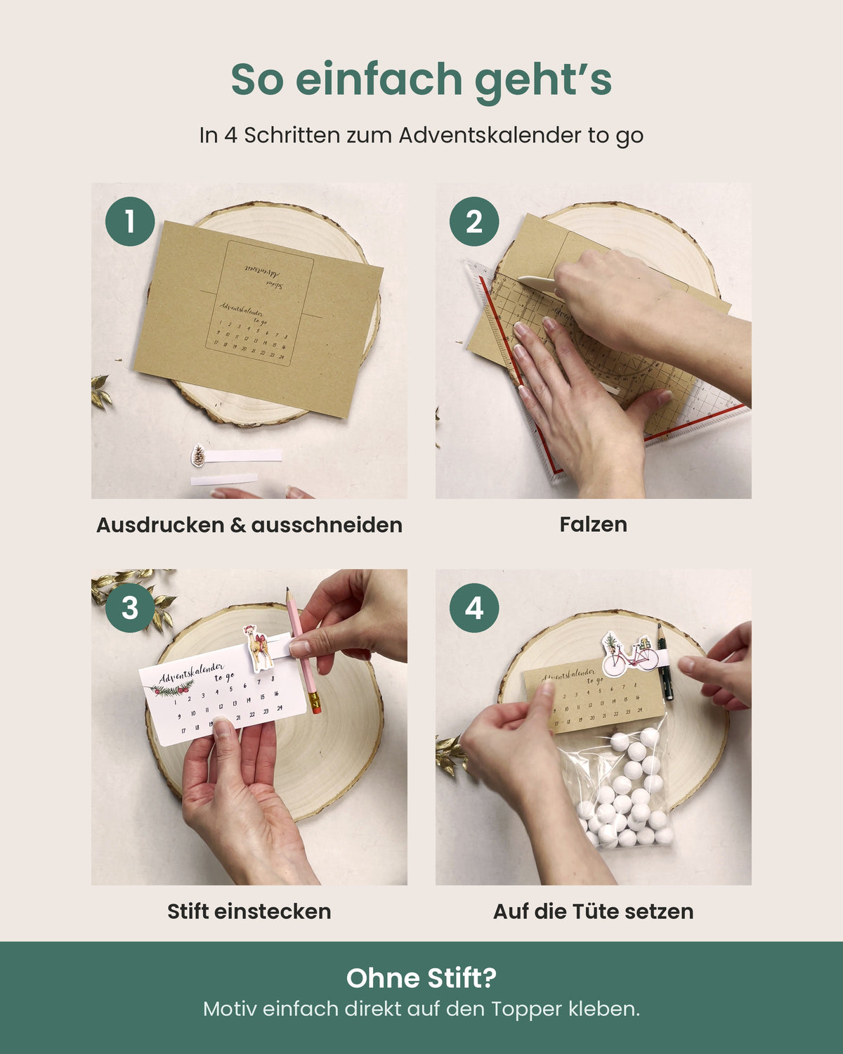 Bastelanleitung in 4 Schritten: ausschneiden, falzen, Stift einstecken, aufsetzen
