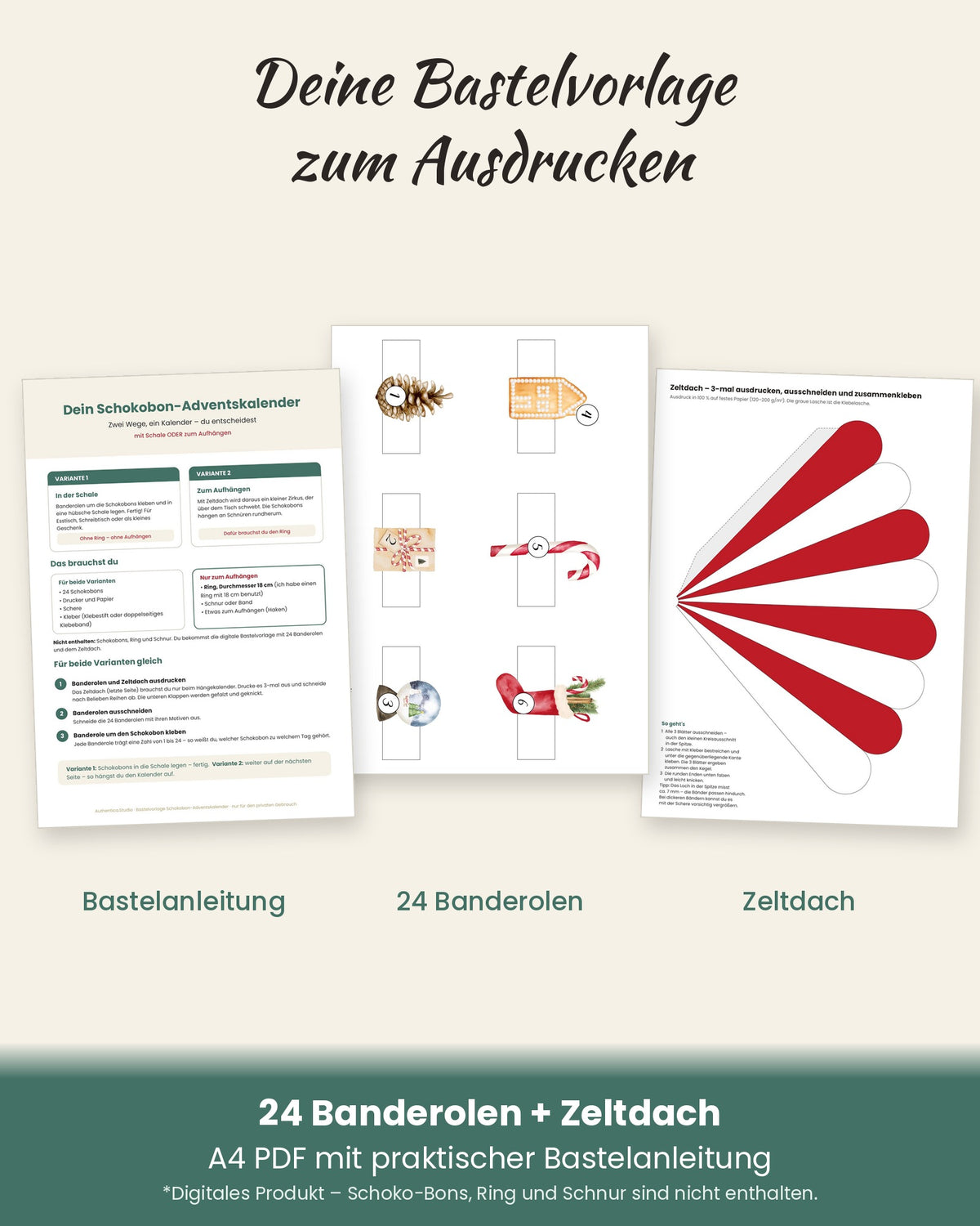 Bastelvorlagen als A4-PDF: Anleitung, Banderolen und Zeltdach
