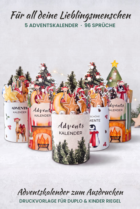 Adventskalender-Set zum Ausdrucken – 5 Adventskalender mit 96 Sprüchen für Duplo & Kinder Riegel