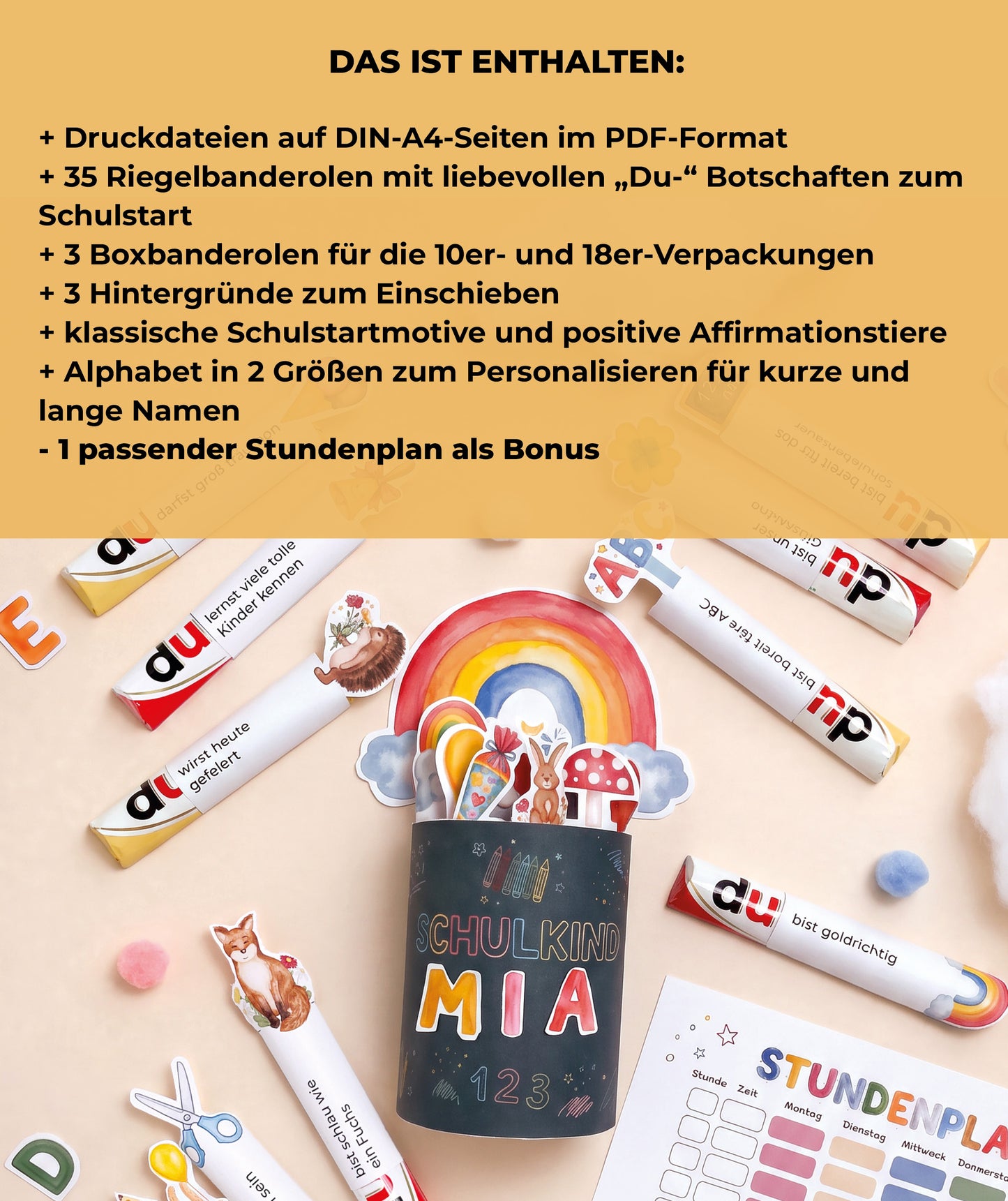 DIY-Geschenkbox zur Einschulung – Druckvorlage für Duplobox, Alphabet & Stundenplan