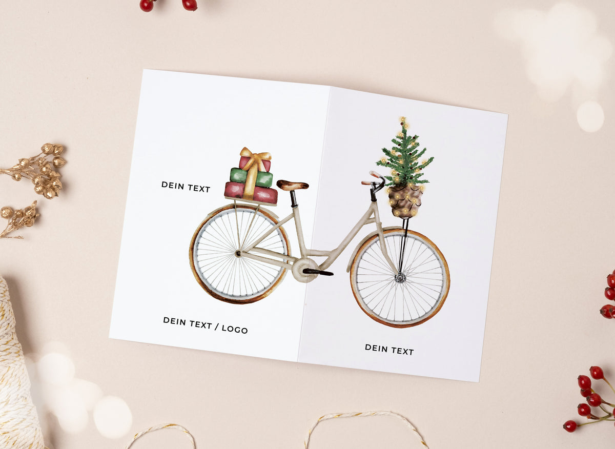 Firmen-Weihnachtskarte Fahrrad beige mit Platz für Text und Logo