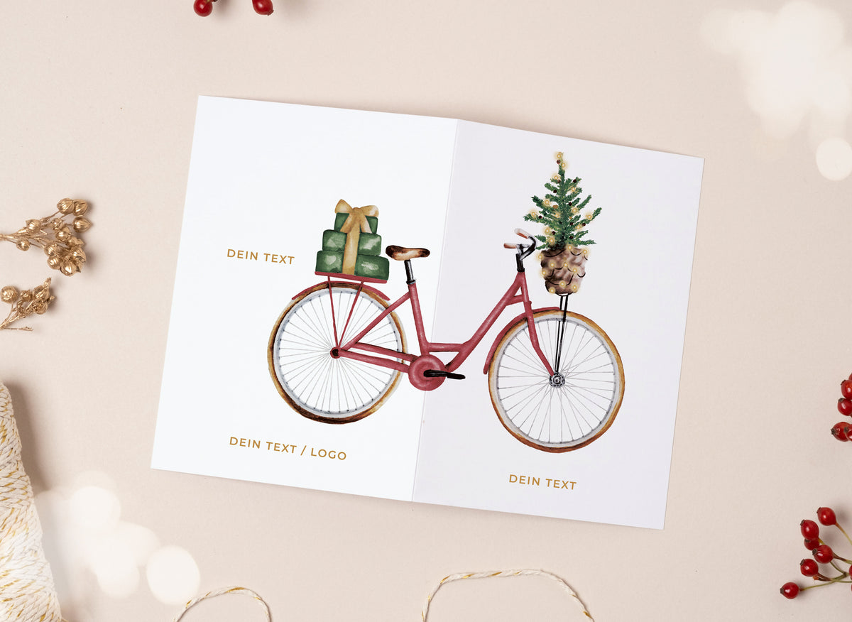 Firmen-Weihnachtskarte Fahrrad rot mit Platz für Text und Logo
