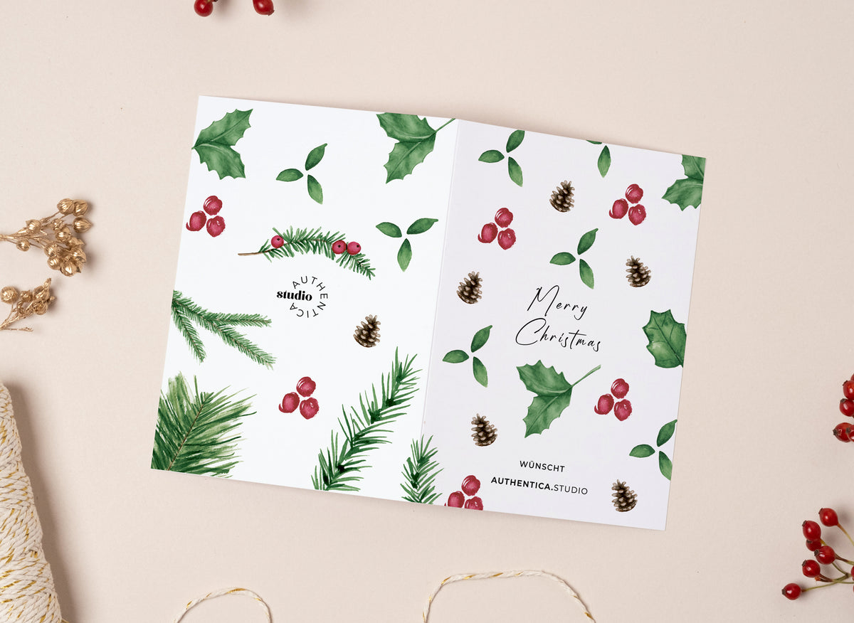 Firmen-Weihnachtskarte Mustermix aufgeklappt mit Logo