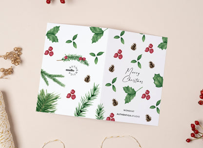 Firmen-Weihnachtskarte Mustermix aufgeklappt mit Logo