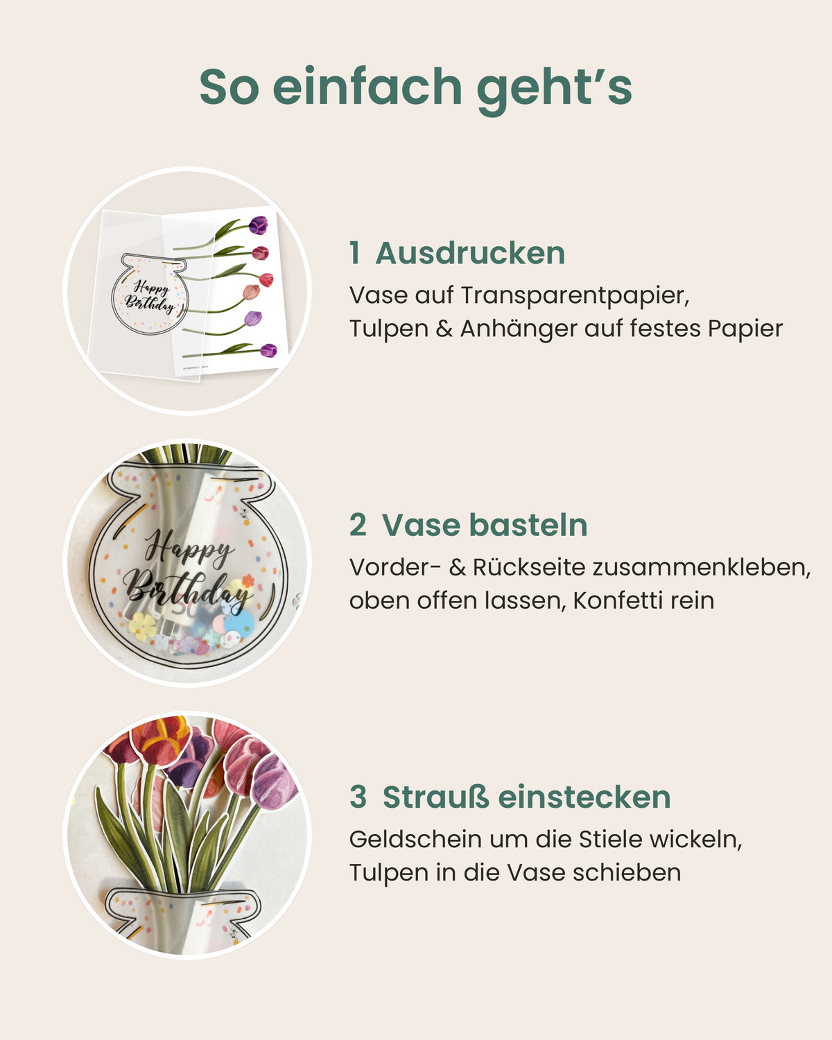 Geldgeschenk Geburtstag zum Ausdrucken – Vase mit Tulpen „Happy Birthday“
