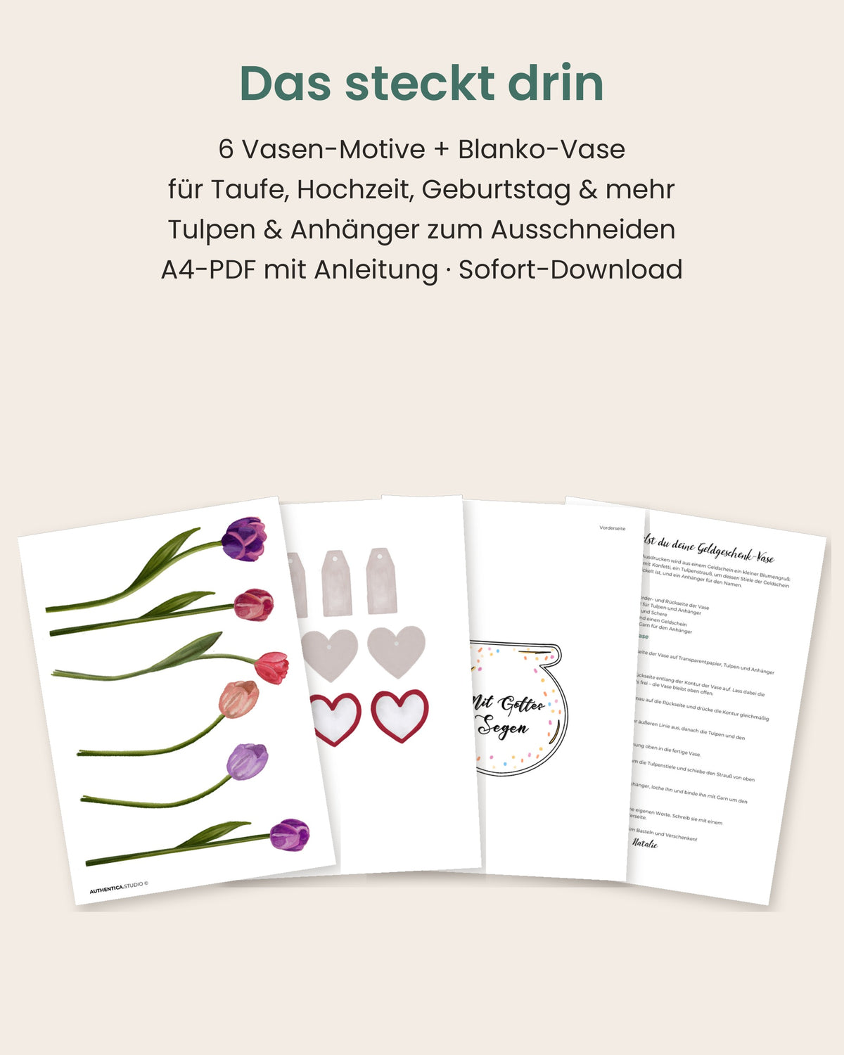 Geldgeschenk Set zum Ausdrucken – 6 Vasen mit Tulpen für jeden Anlass