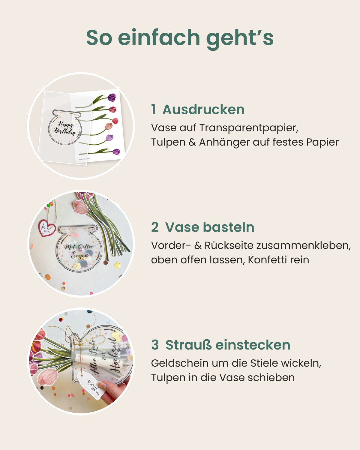 Geldgeschenk Set zum Ausdrucken – 6 Vasen mit Tulpen für jeden Anlass