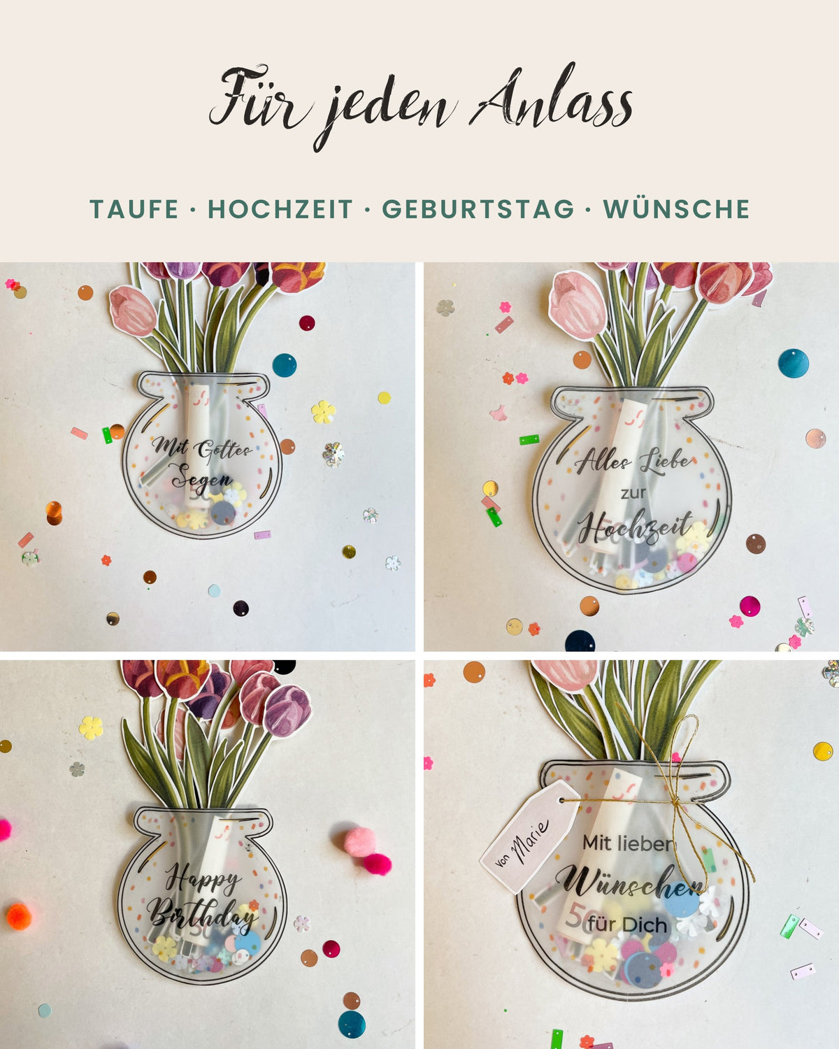 Geldgeschenk Set zum Ausdrucken – 6 Vasen mit Tulpen für jeden Anlass