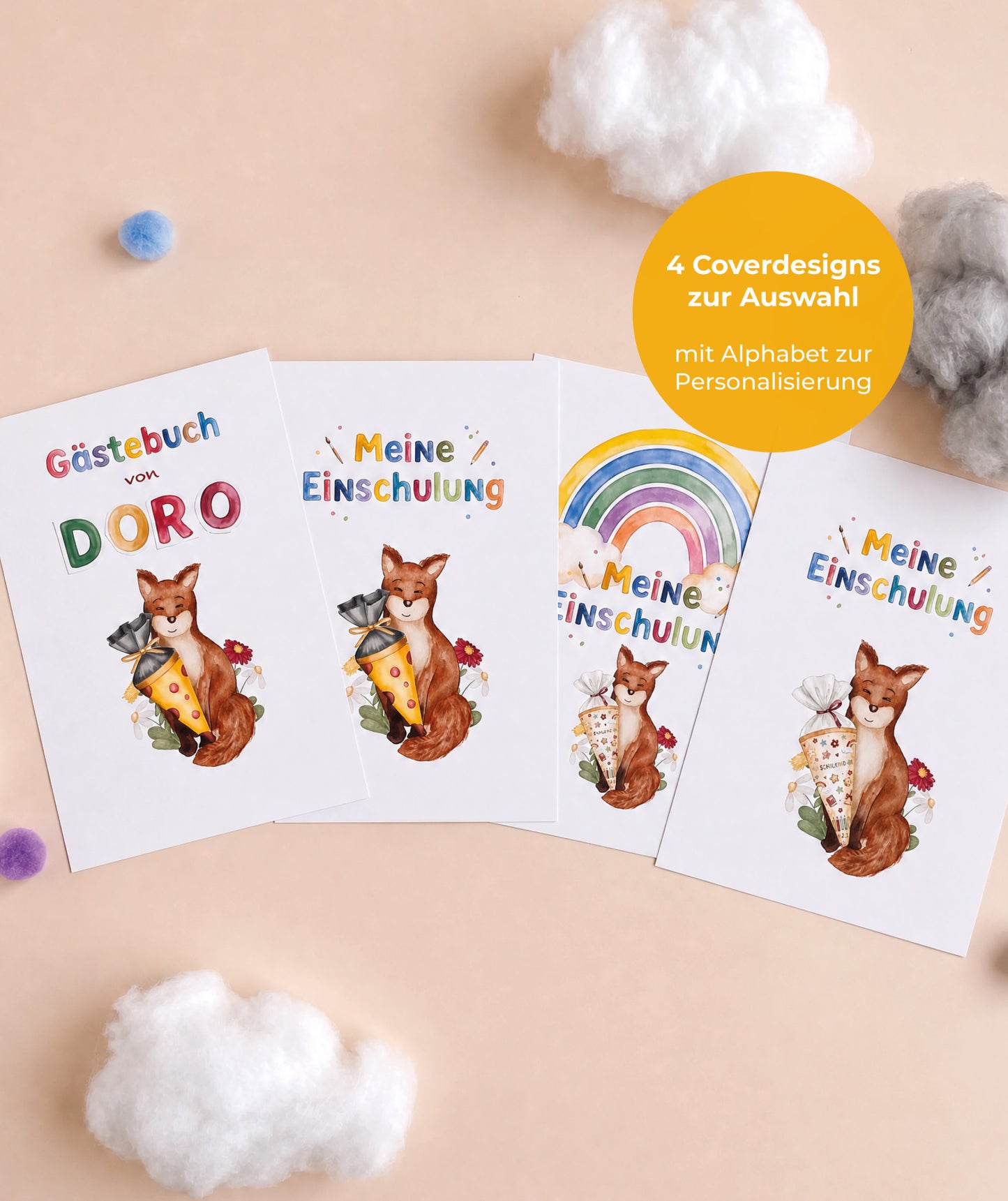 Komplettset zur Einschulung – Geschenkbox, Gästebuch & Stundenpläne mit Fuchs und Hase
