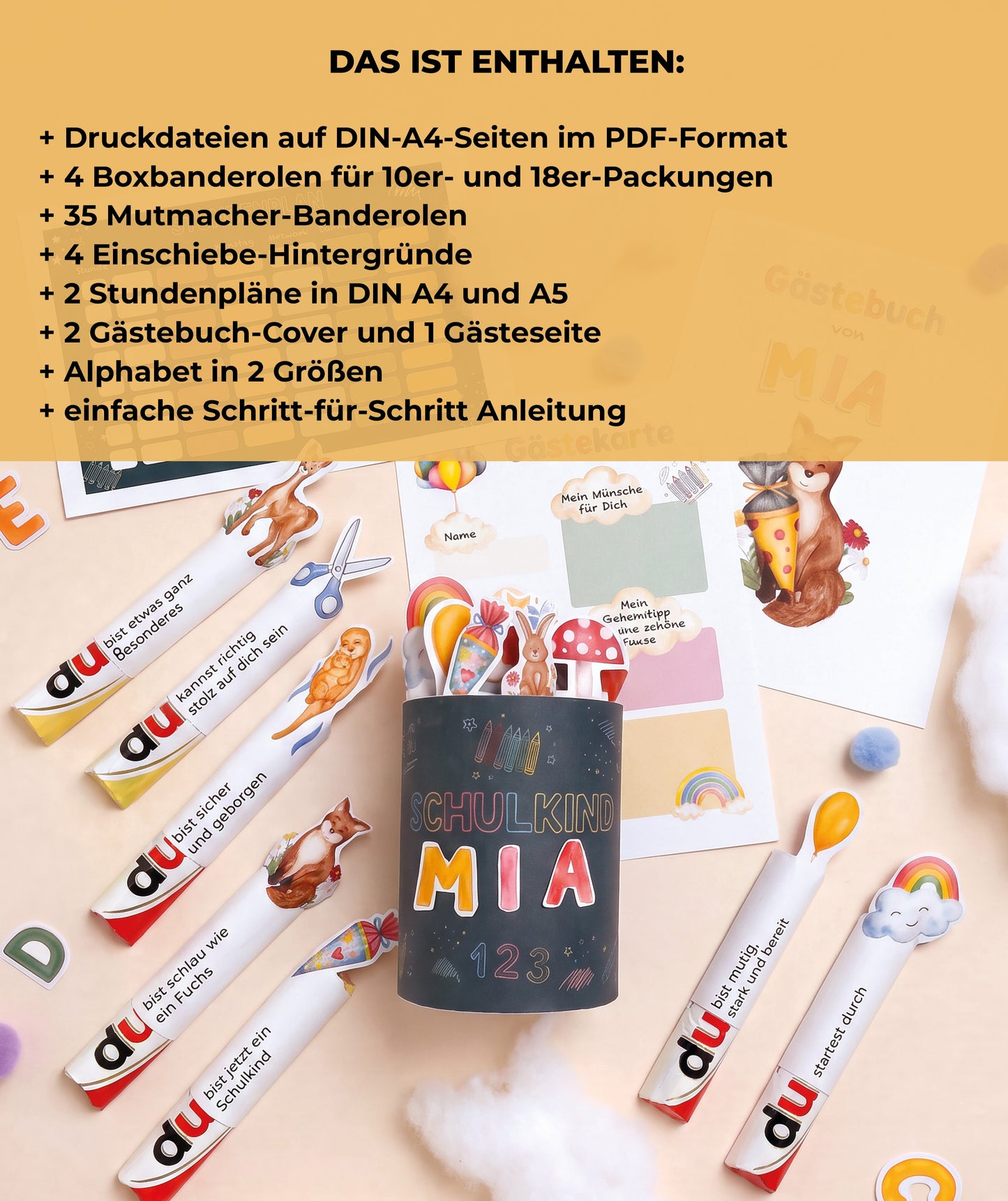 Komplettset zur Einschulung – Geschenkbox, Gästebuch & Stundenpläne mit Fuchs und Hase