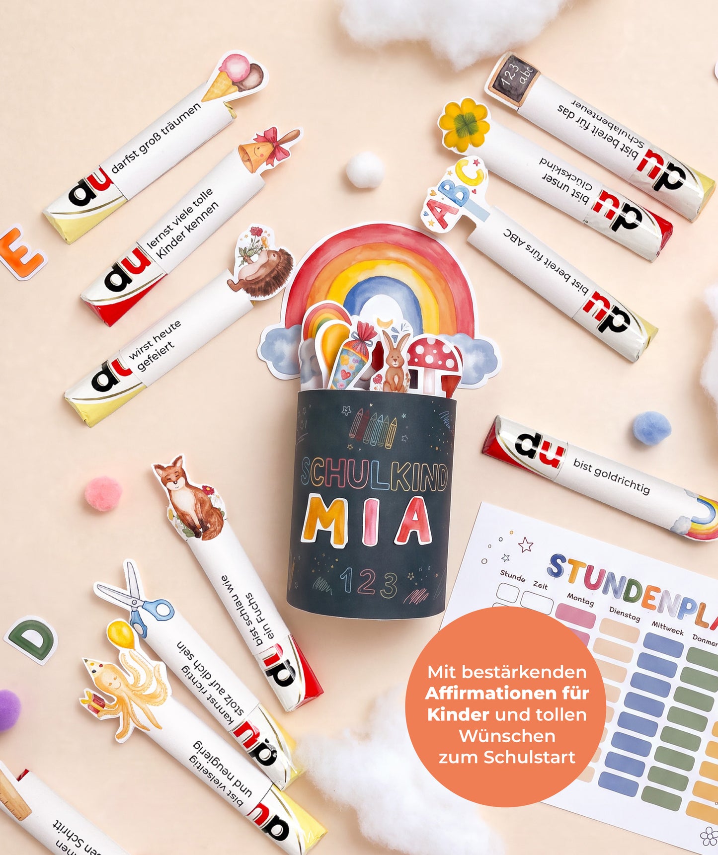Komplettset zur Einschulung – Geschenkbox, Gästebuch & Stundenpläne mit Fuchs und Hase
