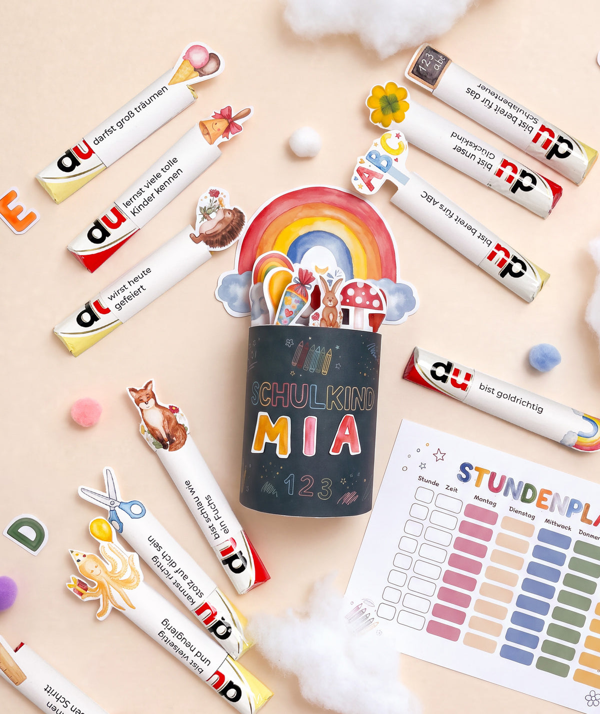 3er Set - Geschenk zur Einschulung – DIY-Banderolen, Alphabet & Stundenplan zum Ausdrucken
