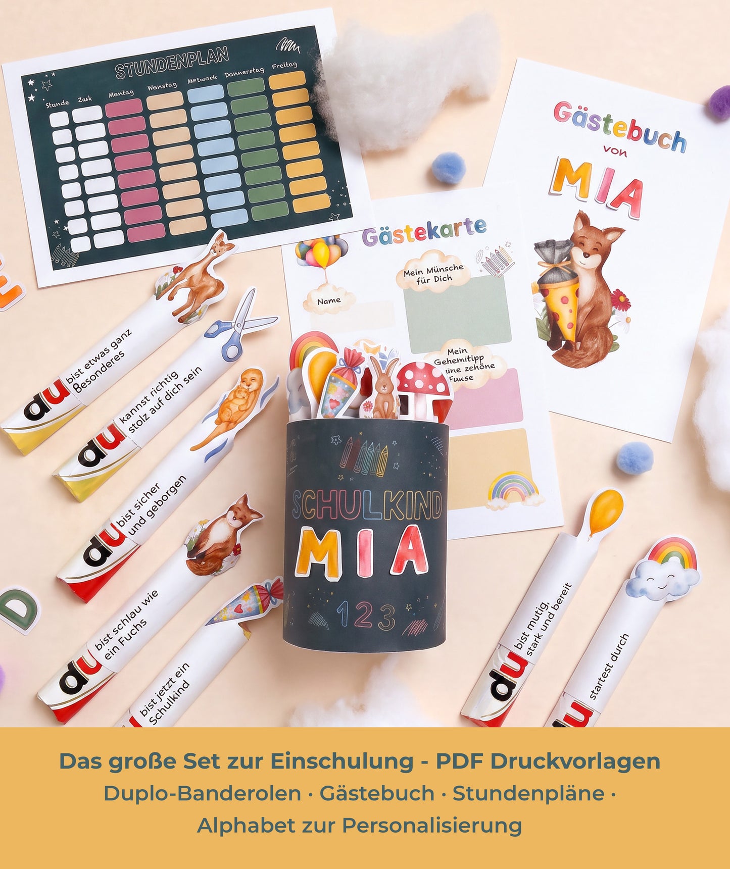Komplettset zur Einschulung – Geschenkbox, Gästebuch & Stundenpläne mit Fuchs und Hase