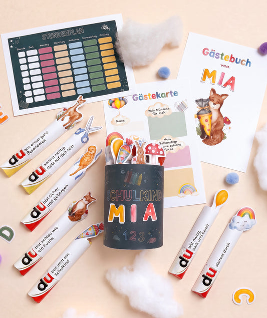 Komplettset zur Einschulung – Geschenkbox, Gästebuch & Stundenpläne mit Fuchs und Hase