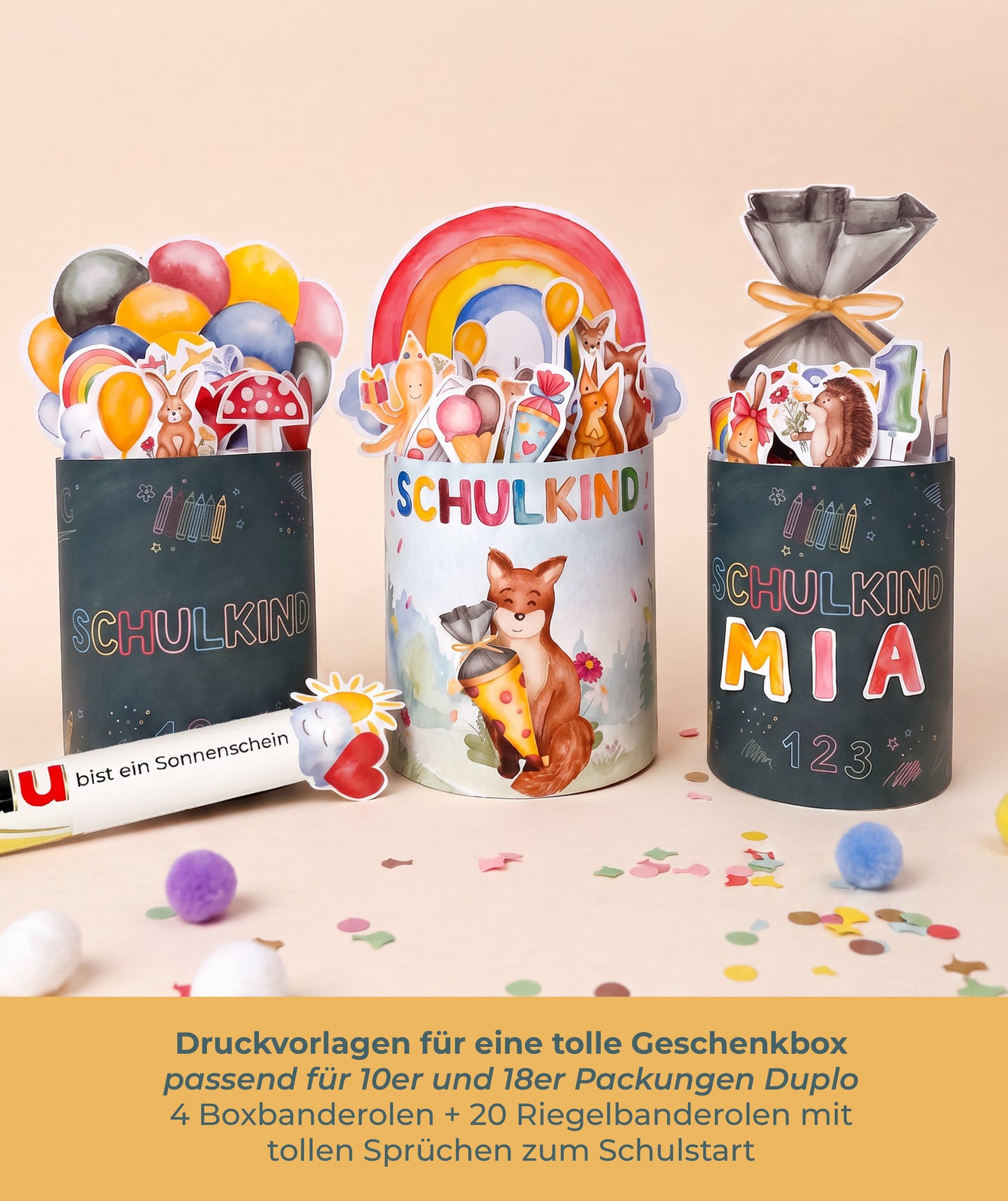 Komplettset zur Einschulung – Geschenkbox, Gästebuch & Stundenpläne mit Fuchs und Hase