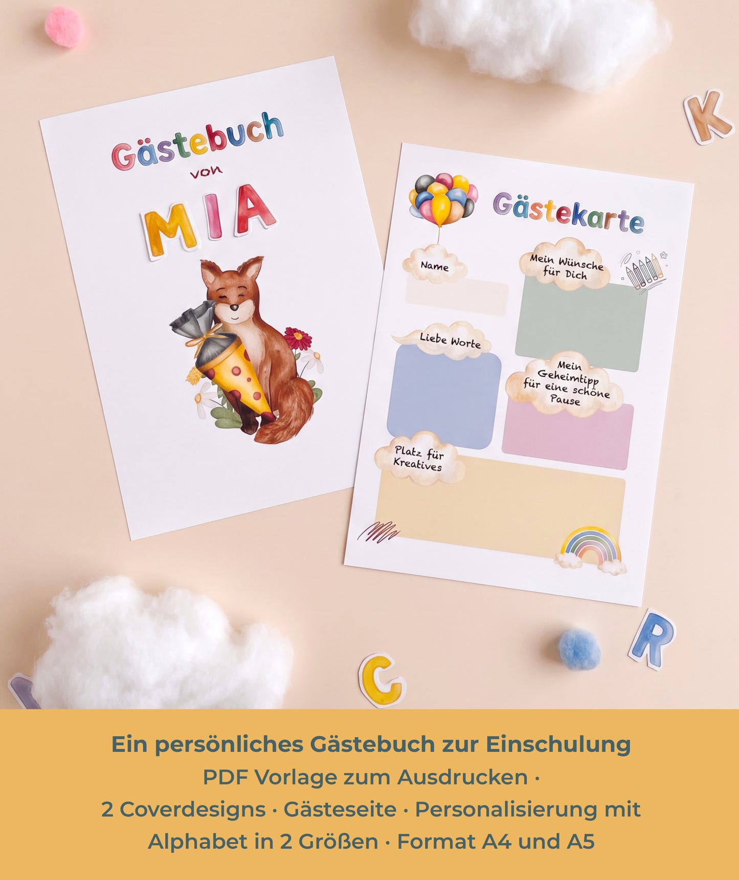 Komplettset zur Einschulung – Geschenkbox, Gästebuch & Stundenpläne mit Fuchs und Hase