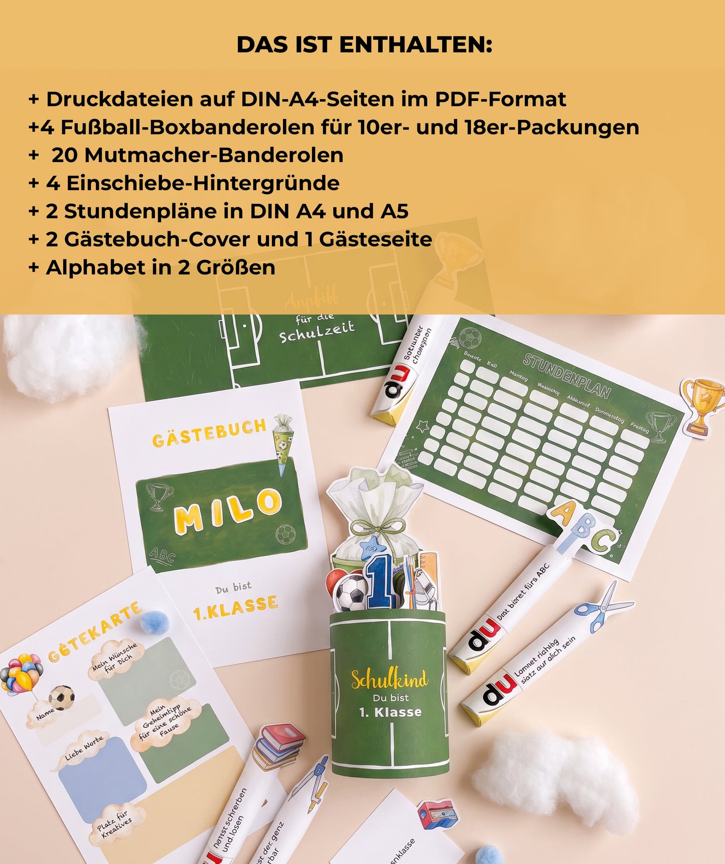 Großes Fußball-Bundle zur Einschulung – Geschenkbox, Gästebuch & Stundenpläne