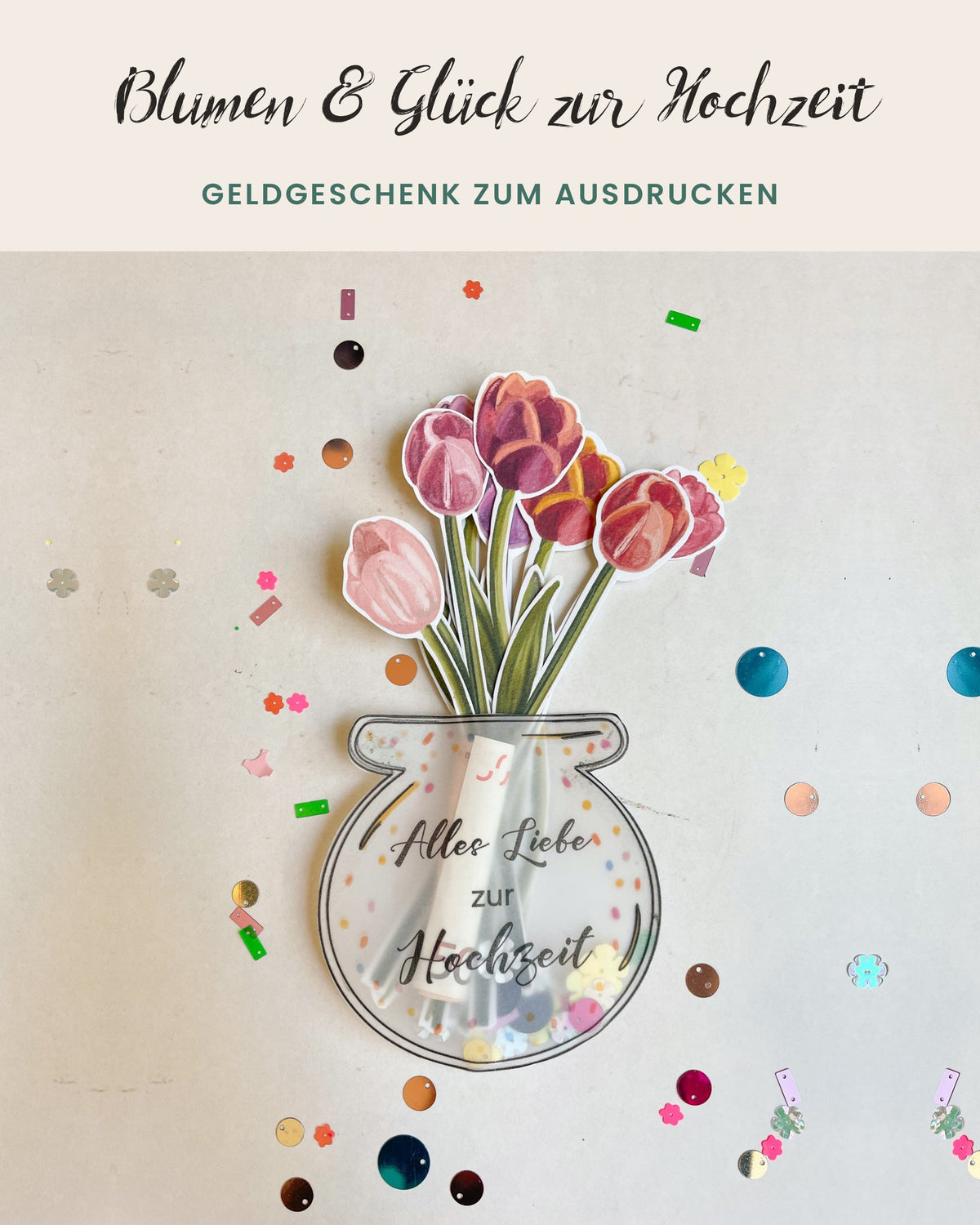 Geldgeschenk Hochzeit zum Ausdrucken – Vase mit Tulpen