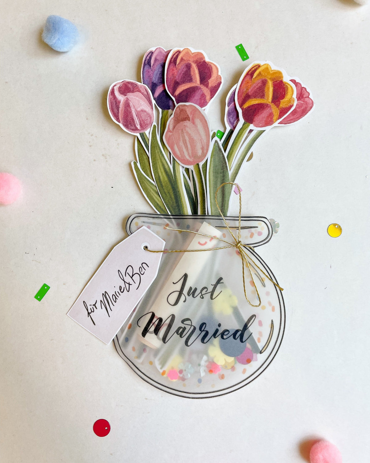 Geldgeschenk Hochzeit zum Ausdrucken – Vase mit Tulpen