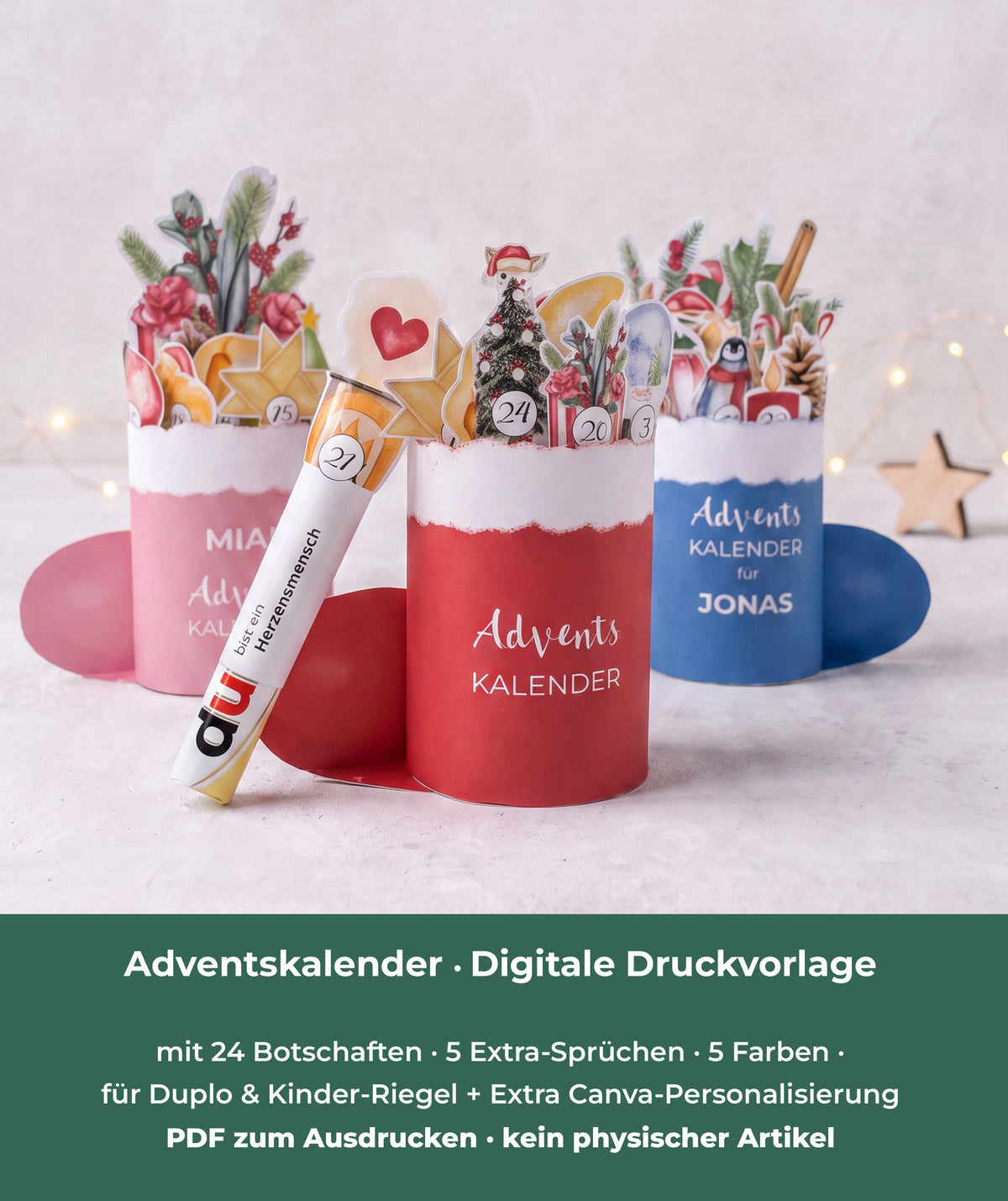 Personalisierter Adventskalender für Kinder zum Ausdrucken – für Duplo & Kinder Riegel
