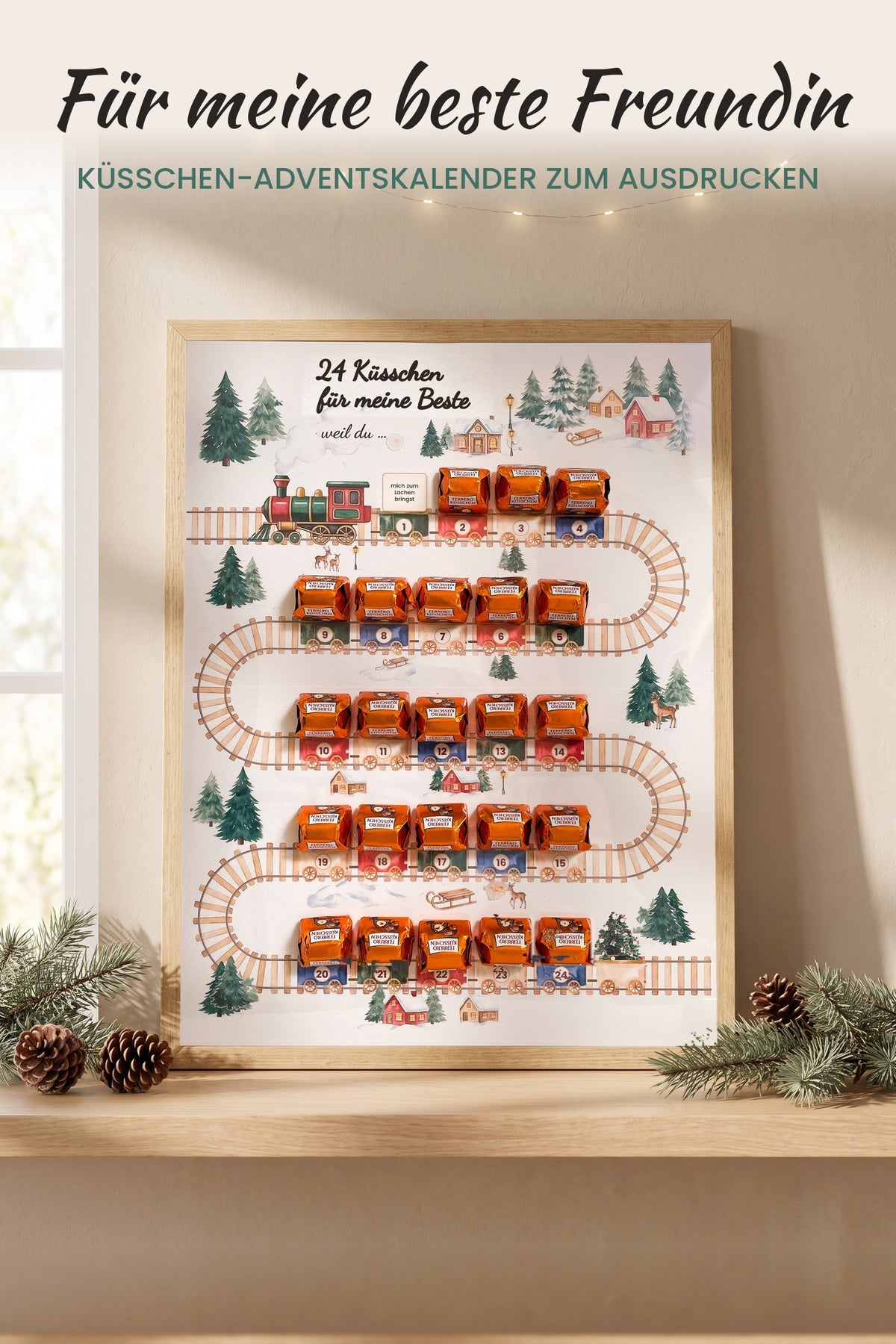 Küsschen Adventskalender für die beste Freundin im Bilderrahmen zum Ausdrucken