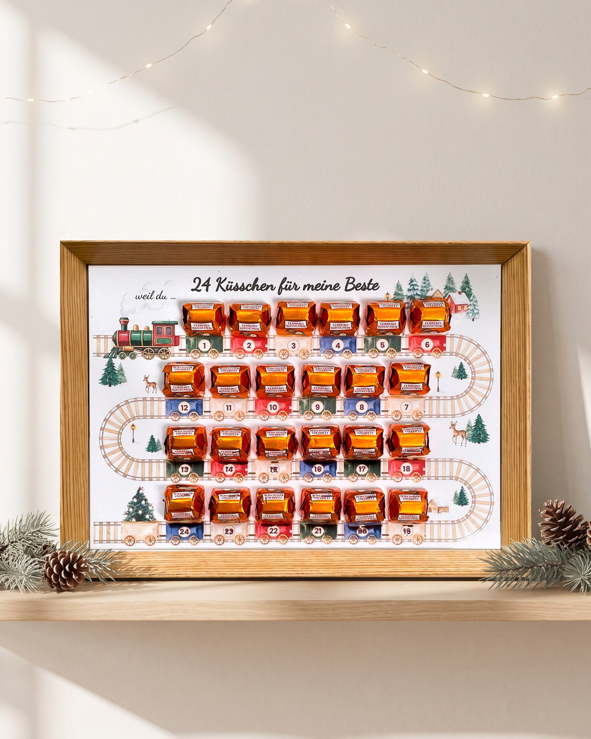 Adventskalender für die beste Freundin im Bilderrahmen im Querformat mit 24 Ferrero Küsschen