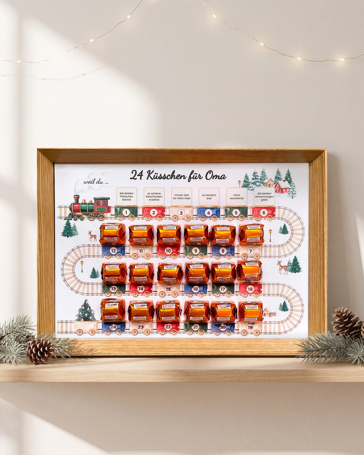 Adventskalender für Oma im Bilderrahmen im Querformat mit 24 Ferrero Küsschen