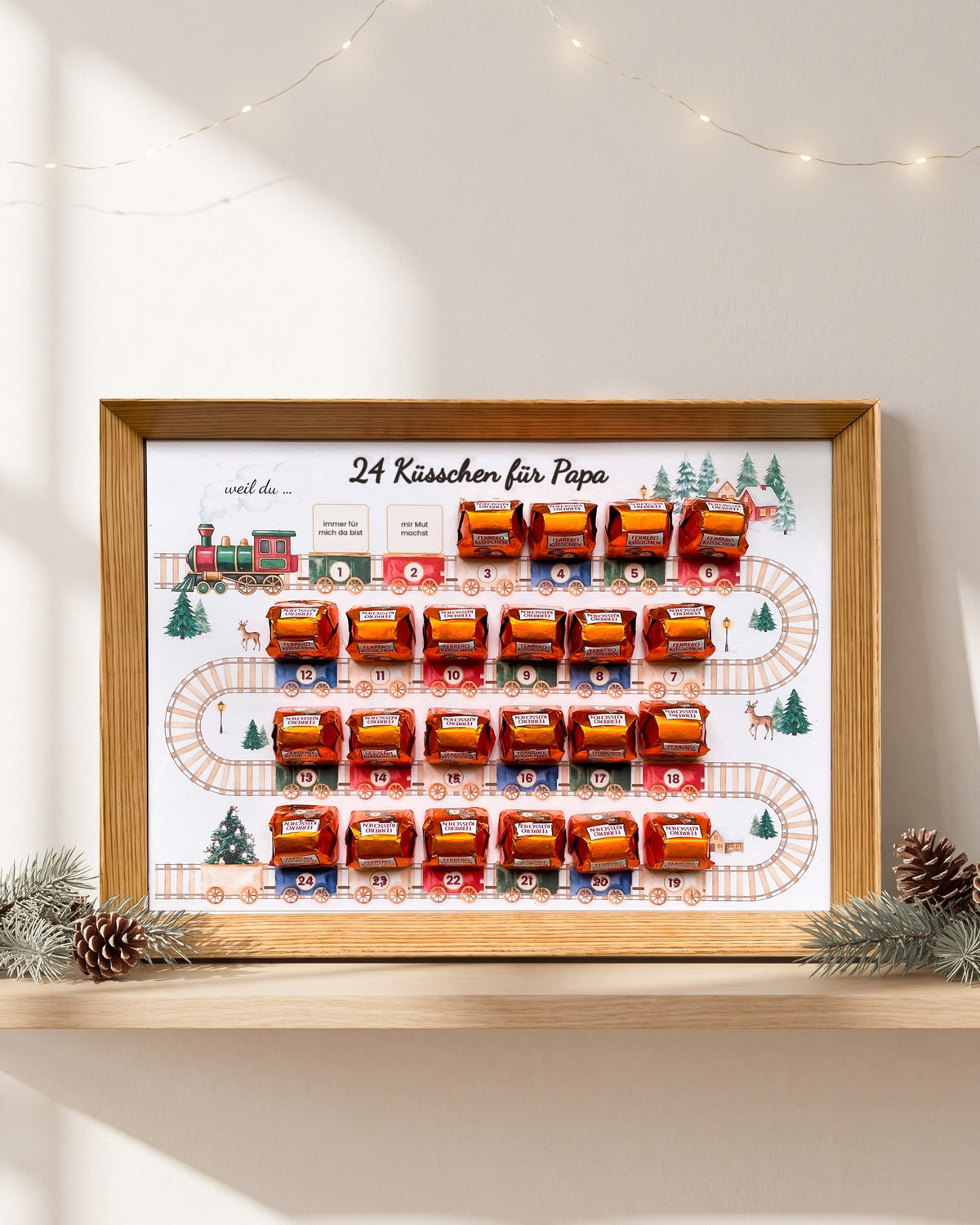 Adventskalender für Papa im Bilderrahmen im Querformat mit 24 Ferrero Küsschen
