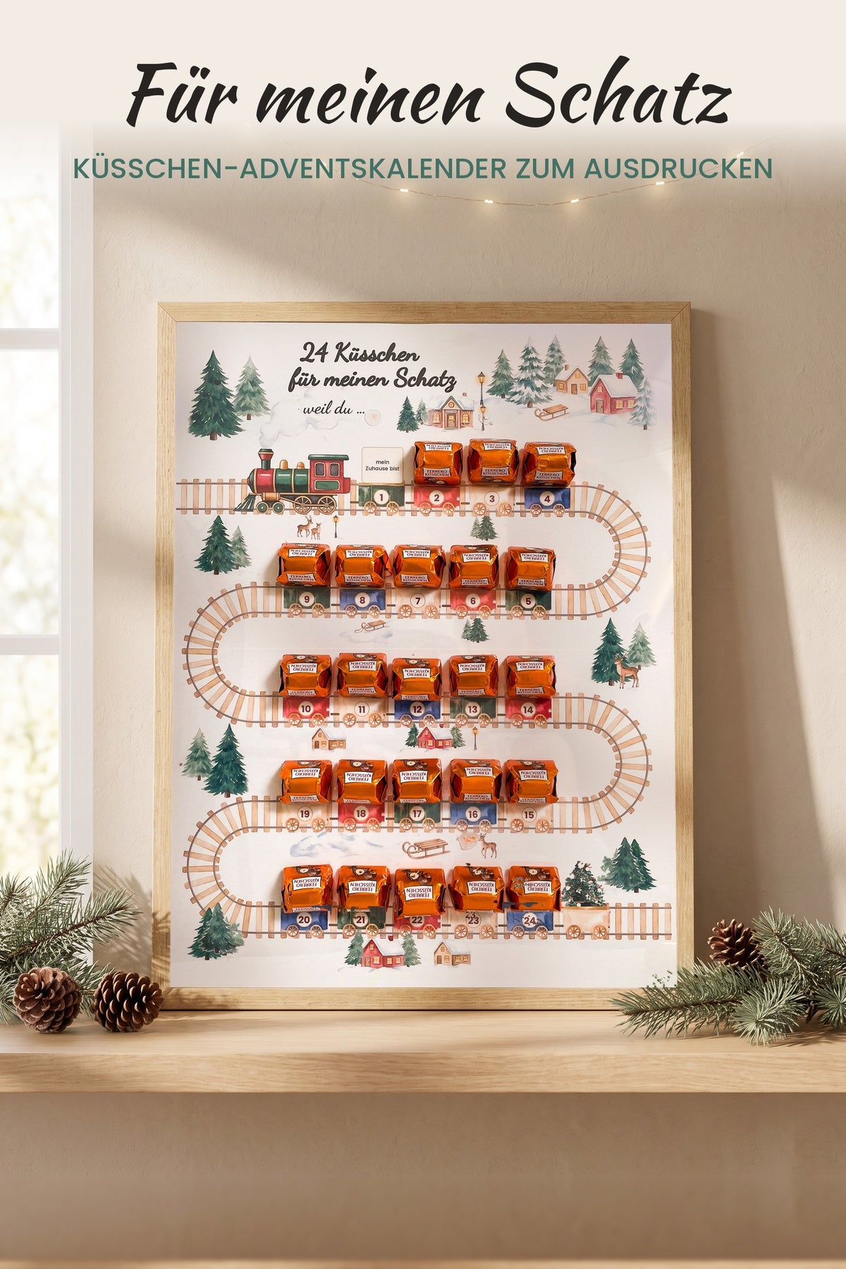Küsschen Adventskalender für den Partner im Bilderrahmen zum Ausdrucken