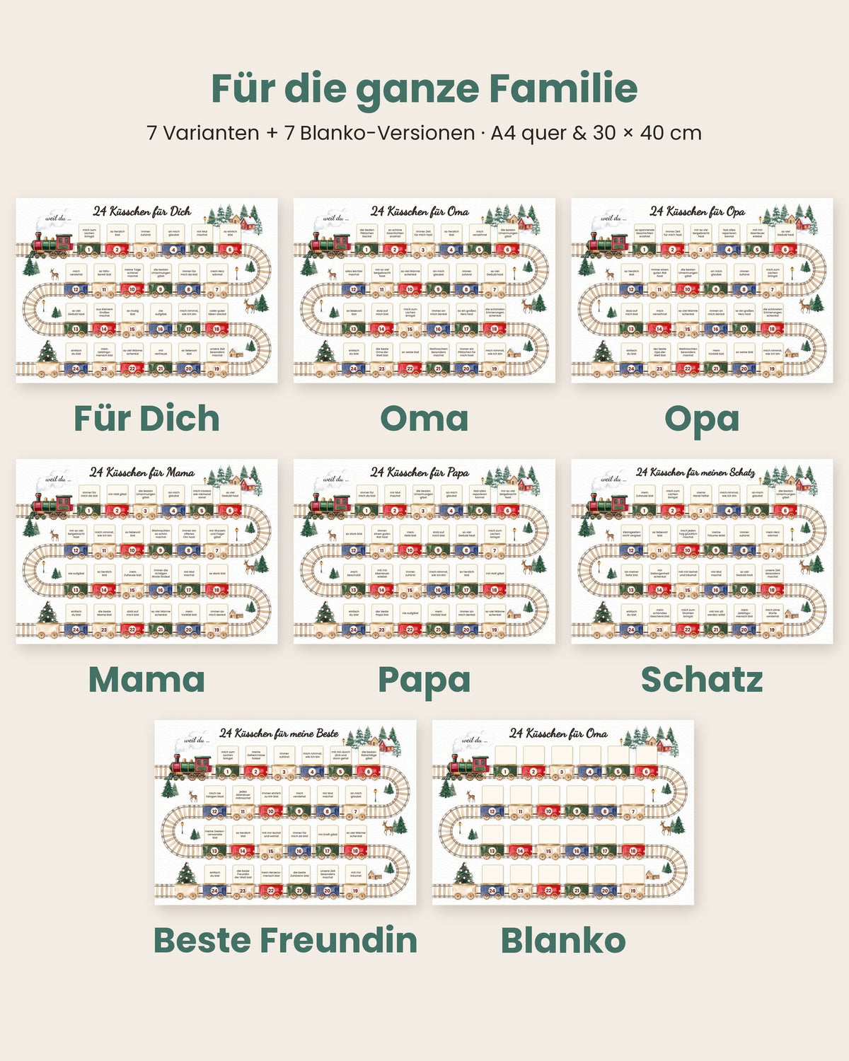 Alle 7 Varianten und Blanko-Versionen im Überblick