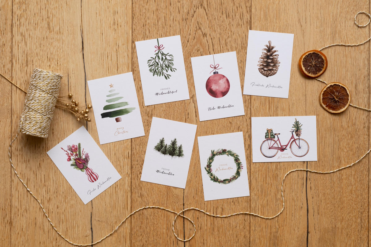 Minikarten A7 auf Holz mit Weihnachtsdeko
