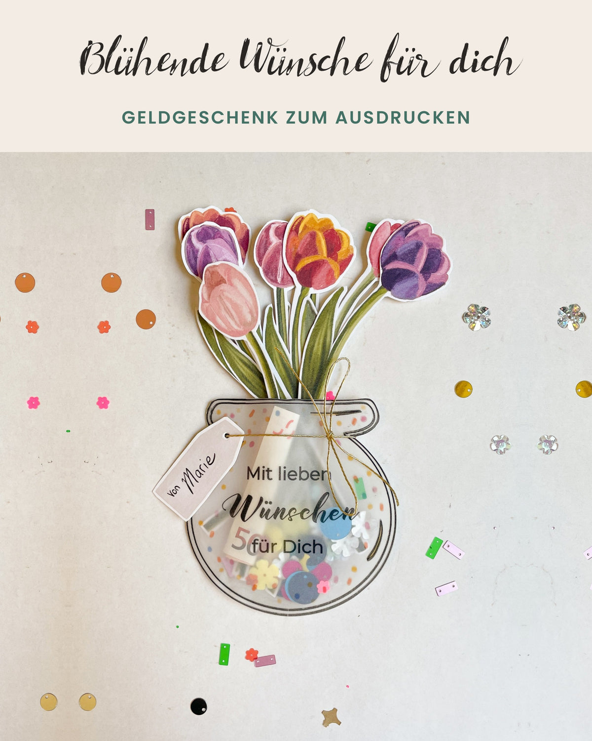 Geldgeschenk Blumen zum Ausdrucken – Vase mit Tulpen „Mit lieben Wünschen“