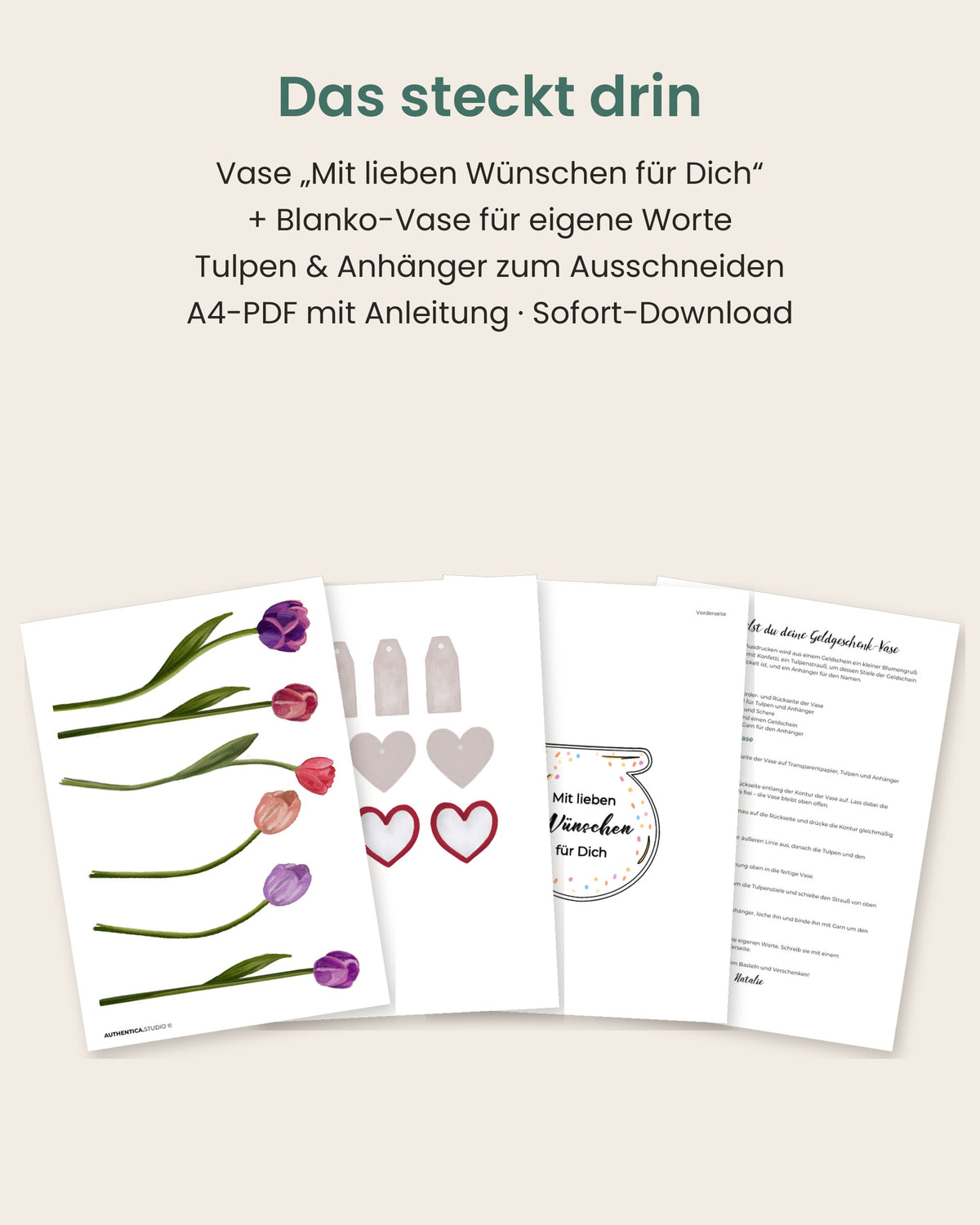 Geldgeschenk Blumen zum Ausdrucken – Vase mit Tulpen „Mit lieben Wünschen“