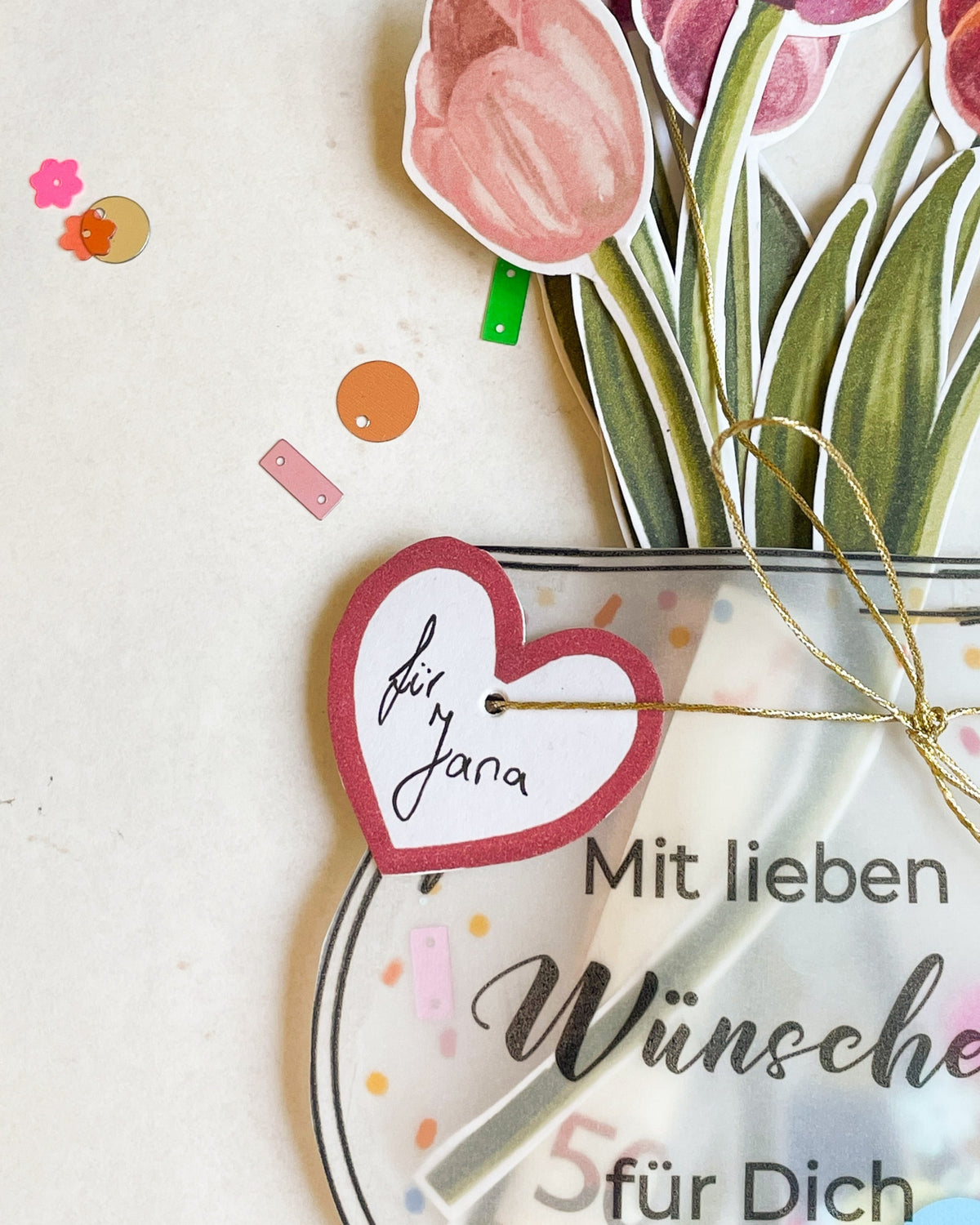 Geldgeschenk Blumen zum Ausdrucken – Vase mit Tulpen „Mit lieben Wünschen“