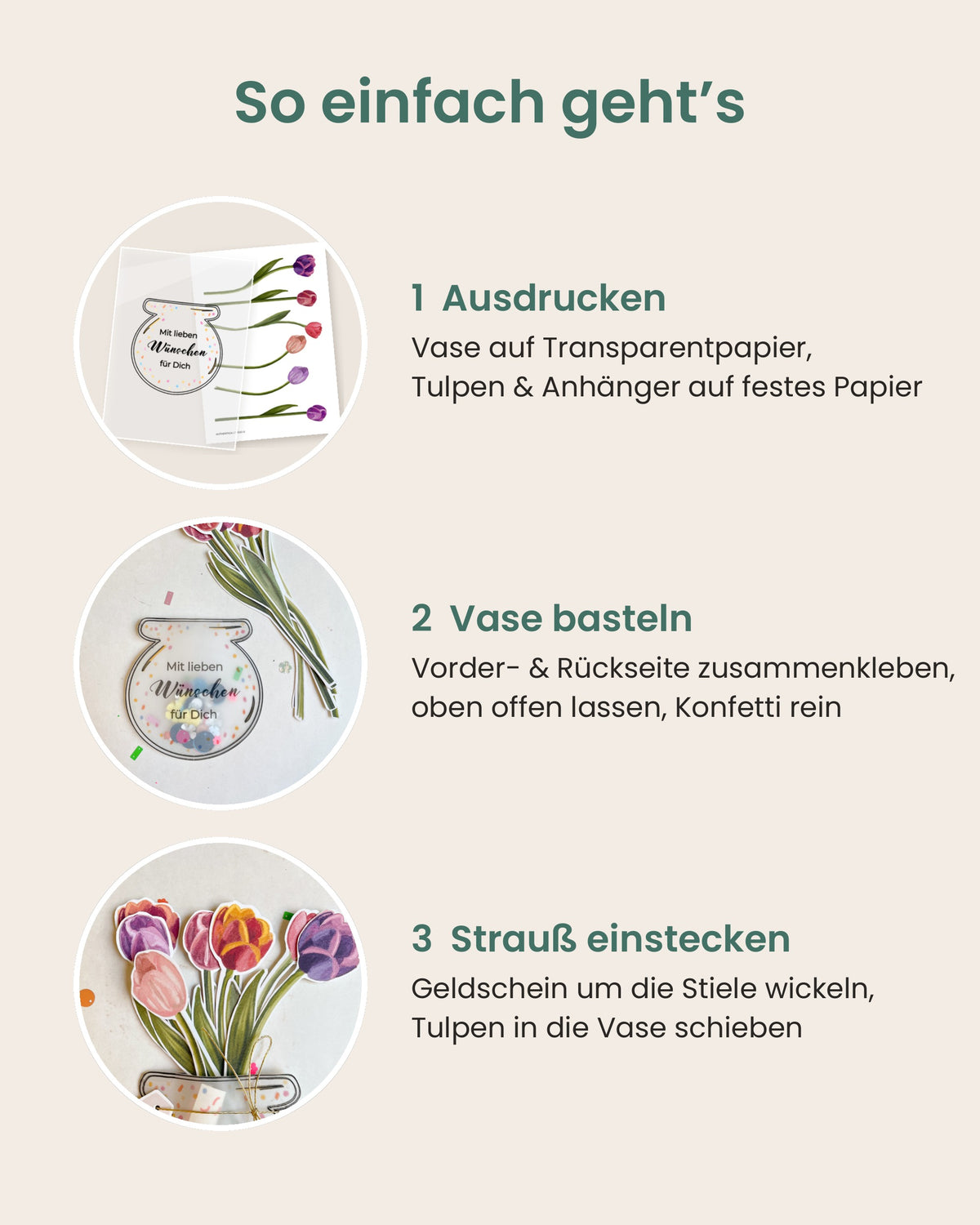Geldgeschenk Blumen zum Ausdrucken – Vase mit Tulpen „Mit lieben Wünschen“
