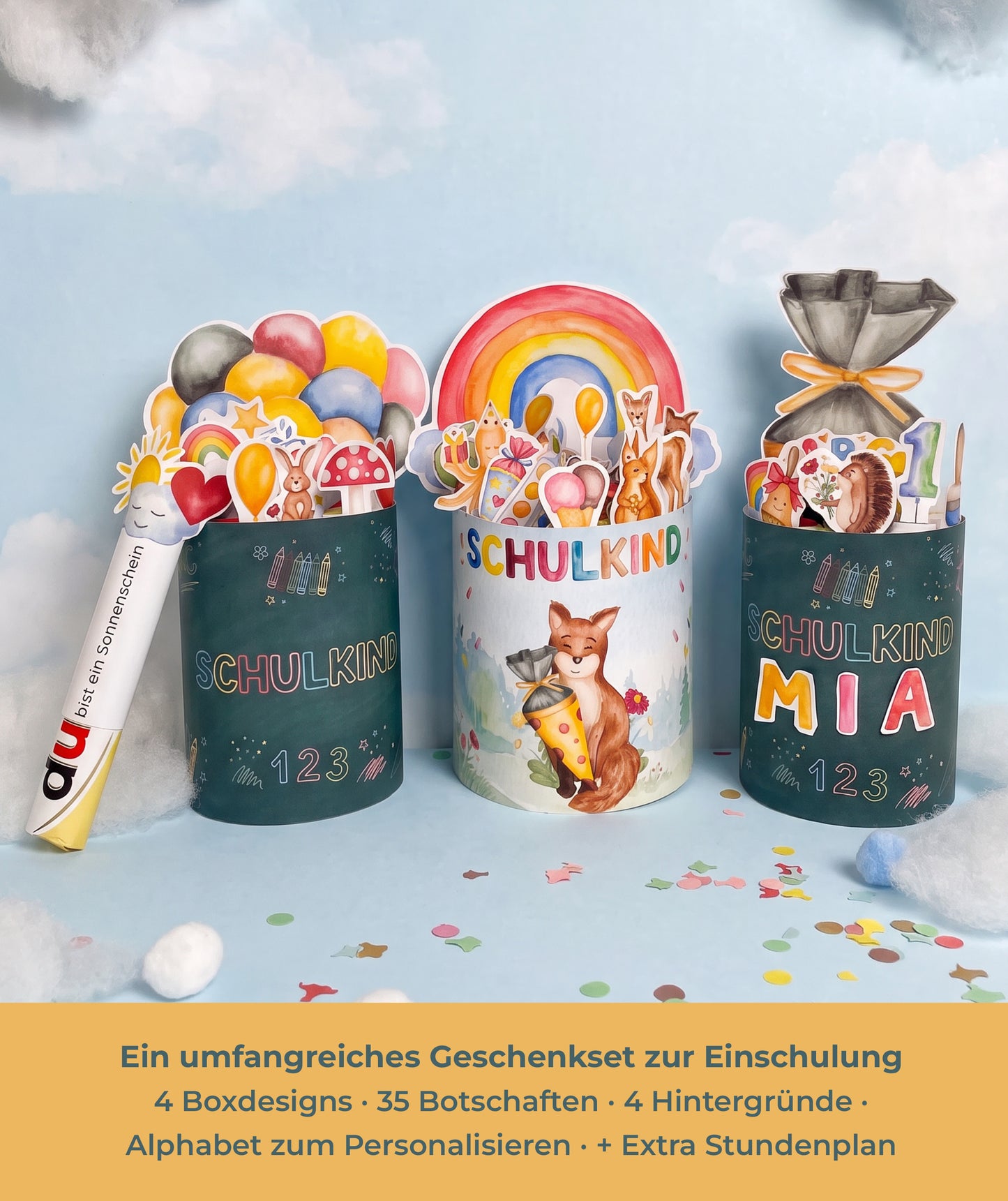 3er Set - Geschenk zur Einschulung – DIY-Banderolen, Alphabet & Stundenplan zum Ausdrucken