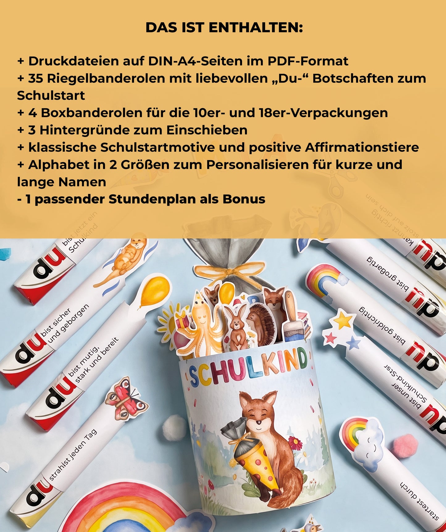 3er Set - Geschenk zur Einschulung – DIY-Banderolen, Alphabet & Stundenplan zum Ausdrucken