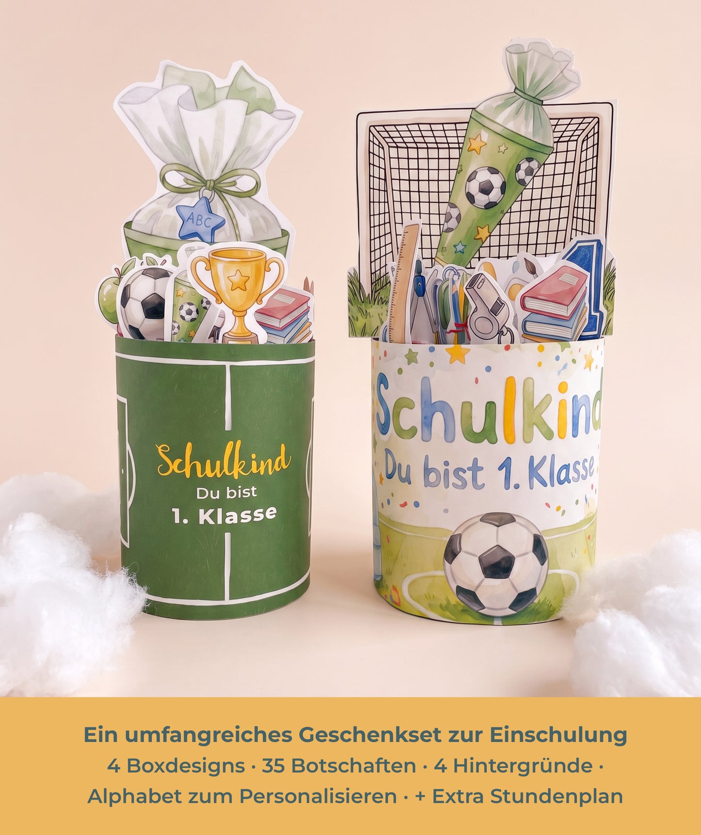 Fußball-Einschulungsset mit Mutmacher-Banderolen, Alphabet & Stundenplan